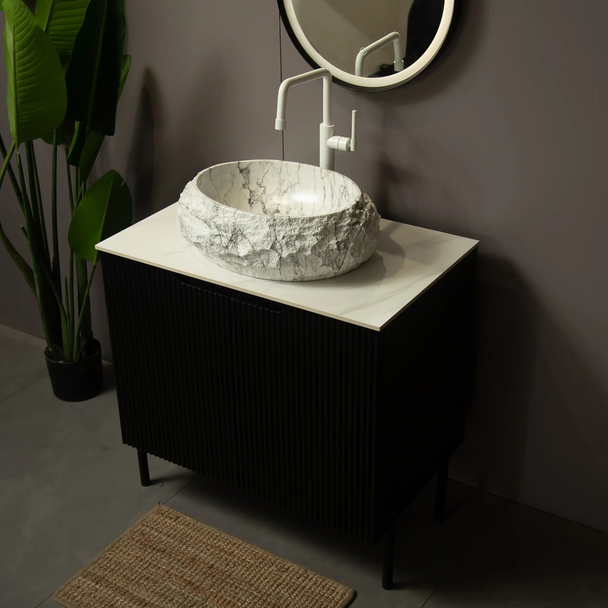 Astra Series 18&quot; Oval Sculpted Resin Stone Vessel Basin - Marble White