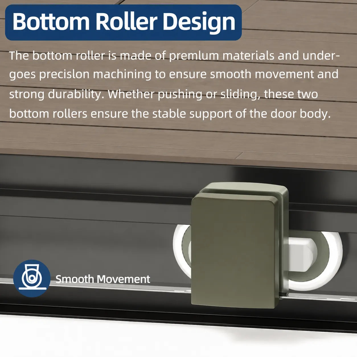 Durable bottom roller design for smooth and quiet sliding shower door operation.
