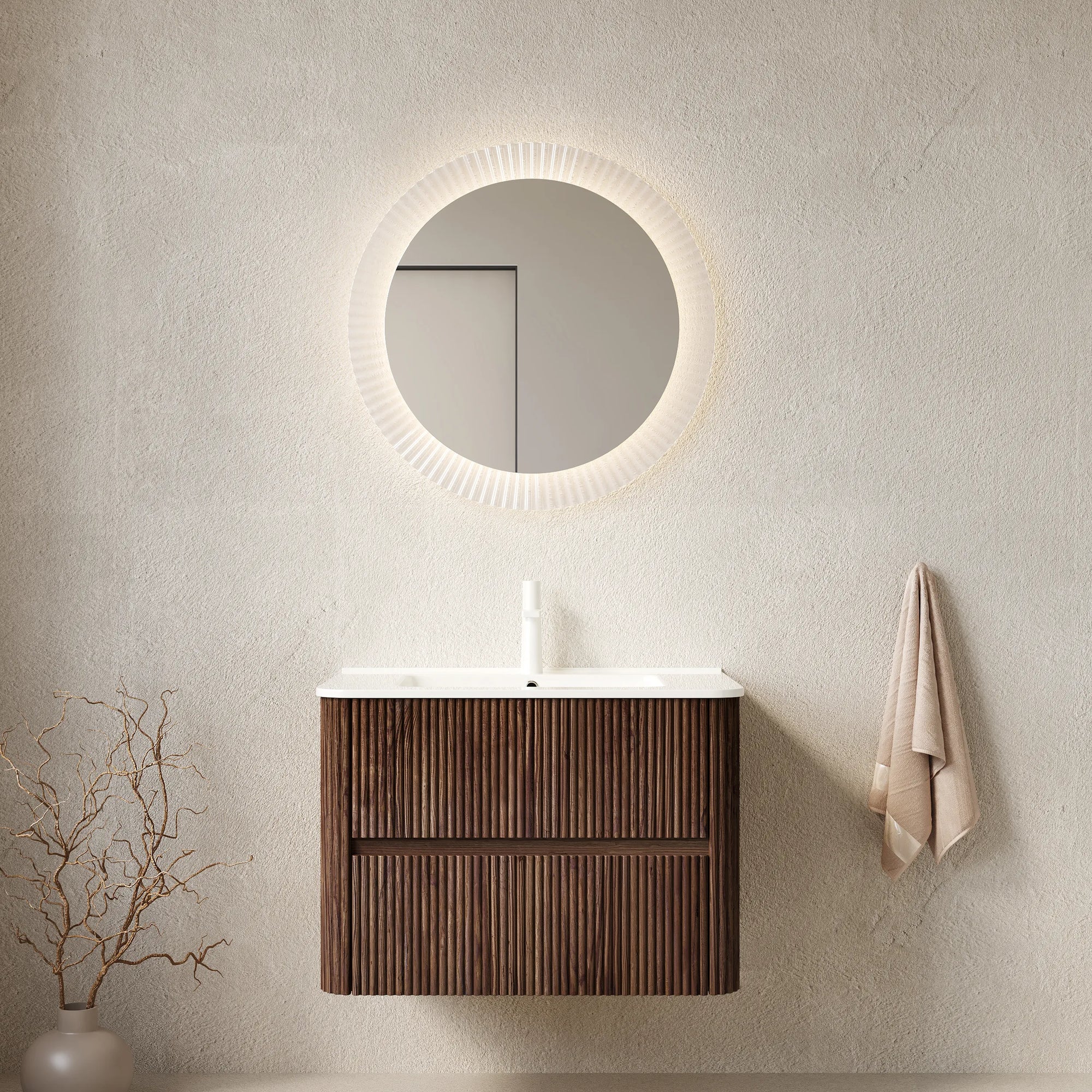 Ravello Series 30" Wall-Mounted Vanity in modern bathroom setting with backlit round mirror.