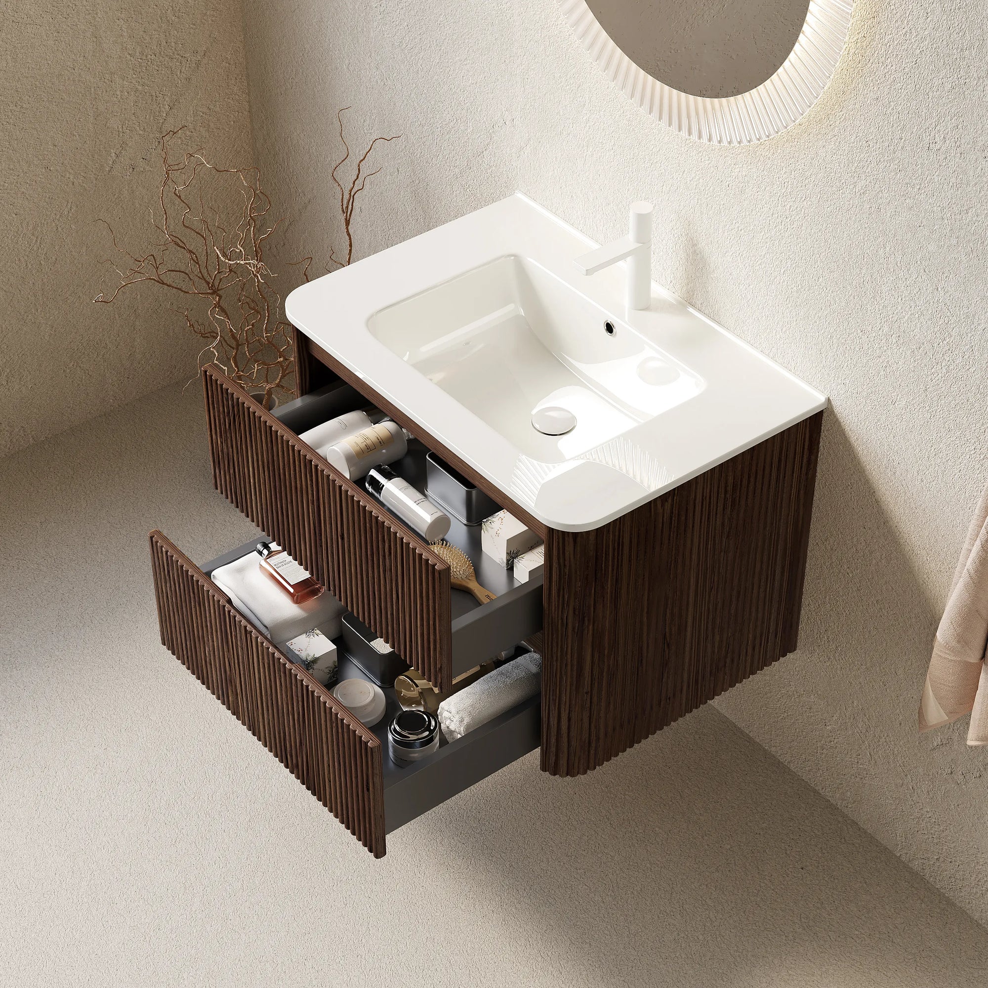 Ravello Series Walnut Floating Vanity with open drawers showing organized bathroom storage space.