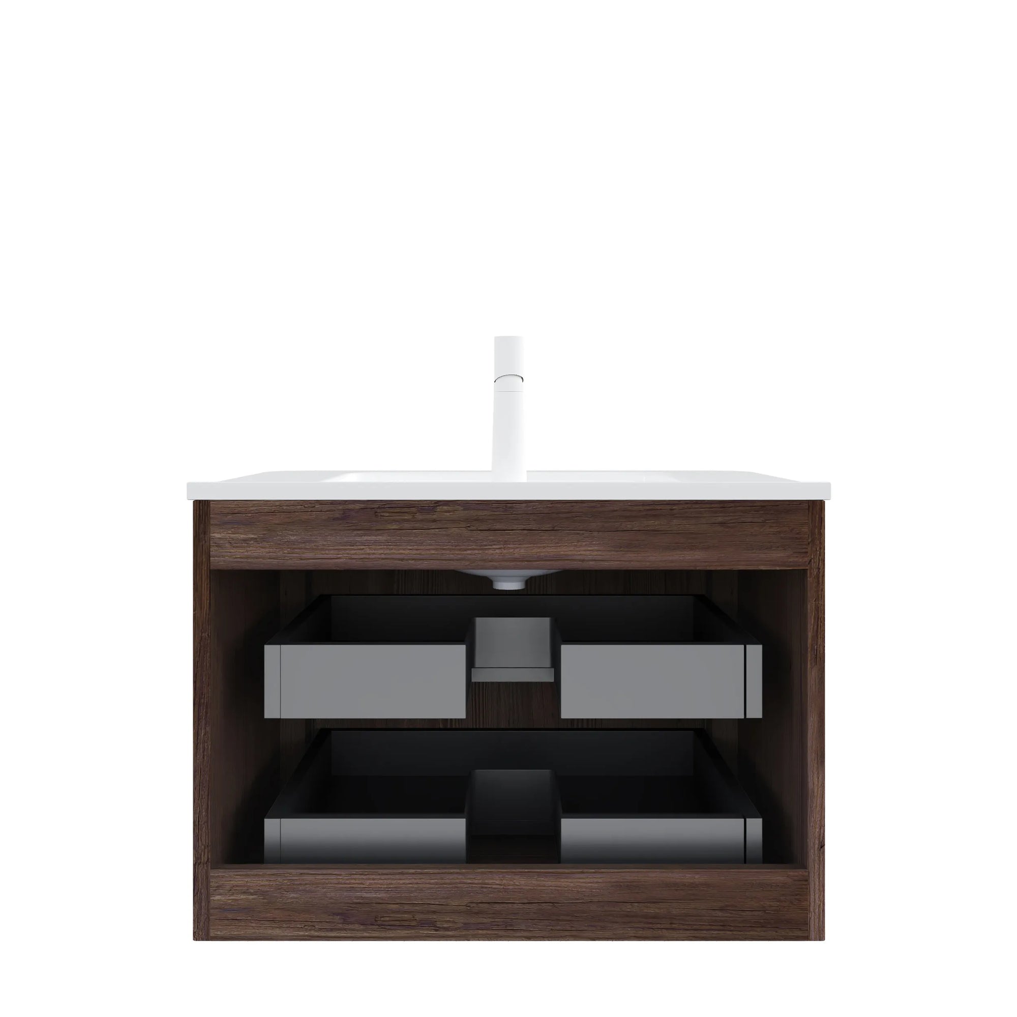 Ravello Series Wall-Mounted Vanity rear view showing internal drawer structure and plumbing space.