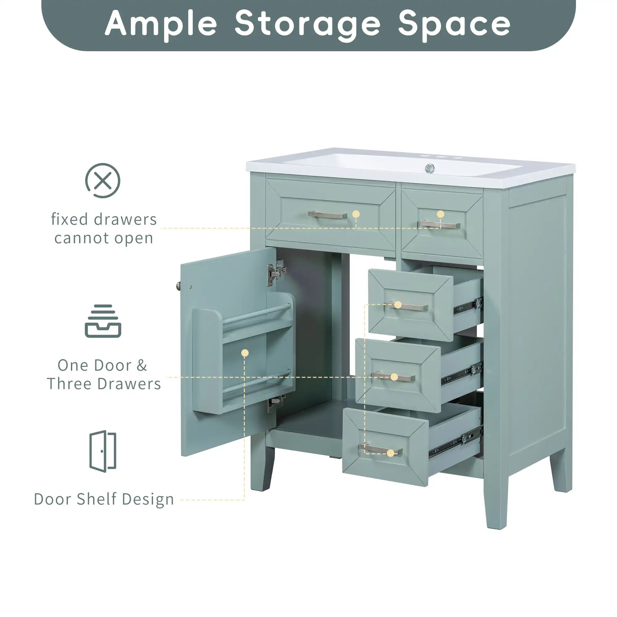 30" single freestanding bathroom vanity with ample storage and built-in door rack | Ace Decor