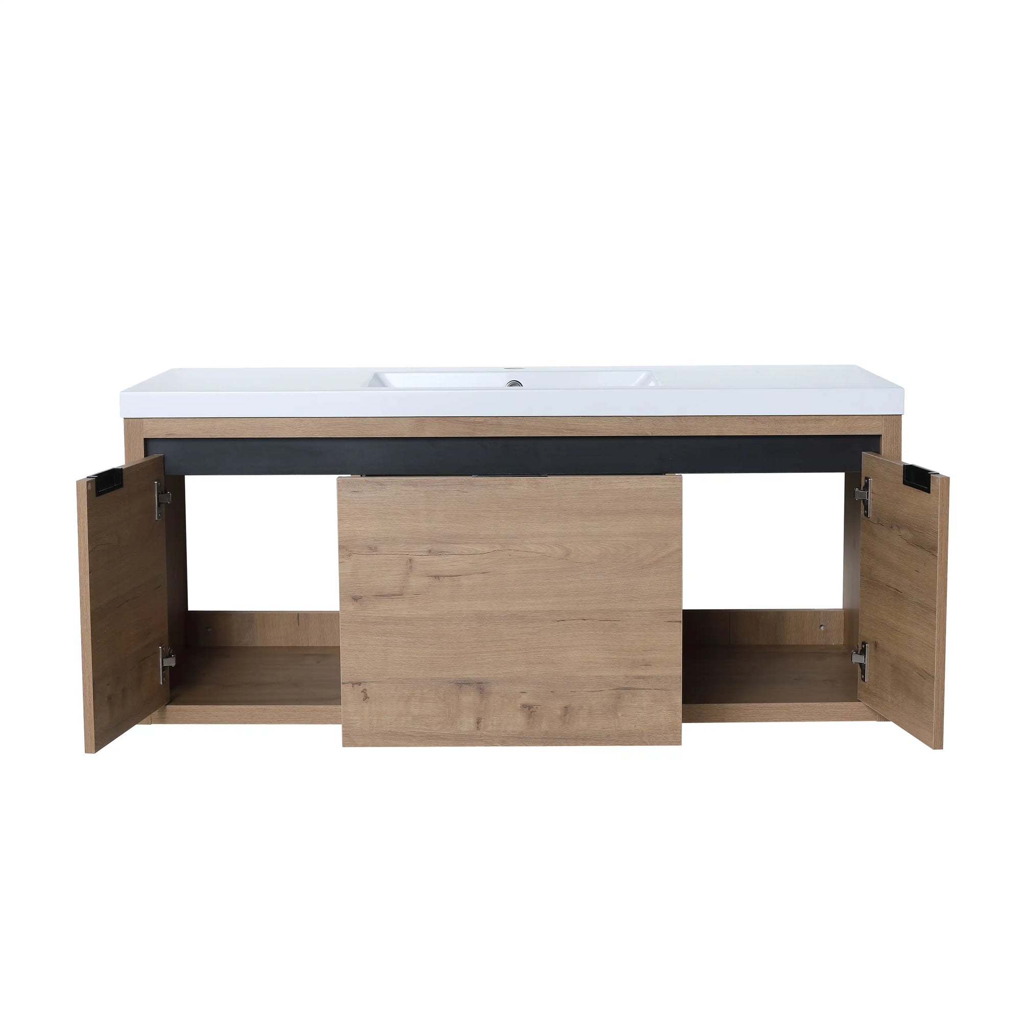 Open storage layout of 47" wall mounted bathroom vanity with sink featuring two side cabinets and wide center drawer | Ace Decor