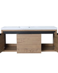 Open storage layout of 47" wall mounted bathroom vanity with sink featuring two side cabinets and wide center drawer | Ace Decor