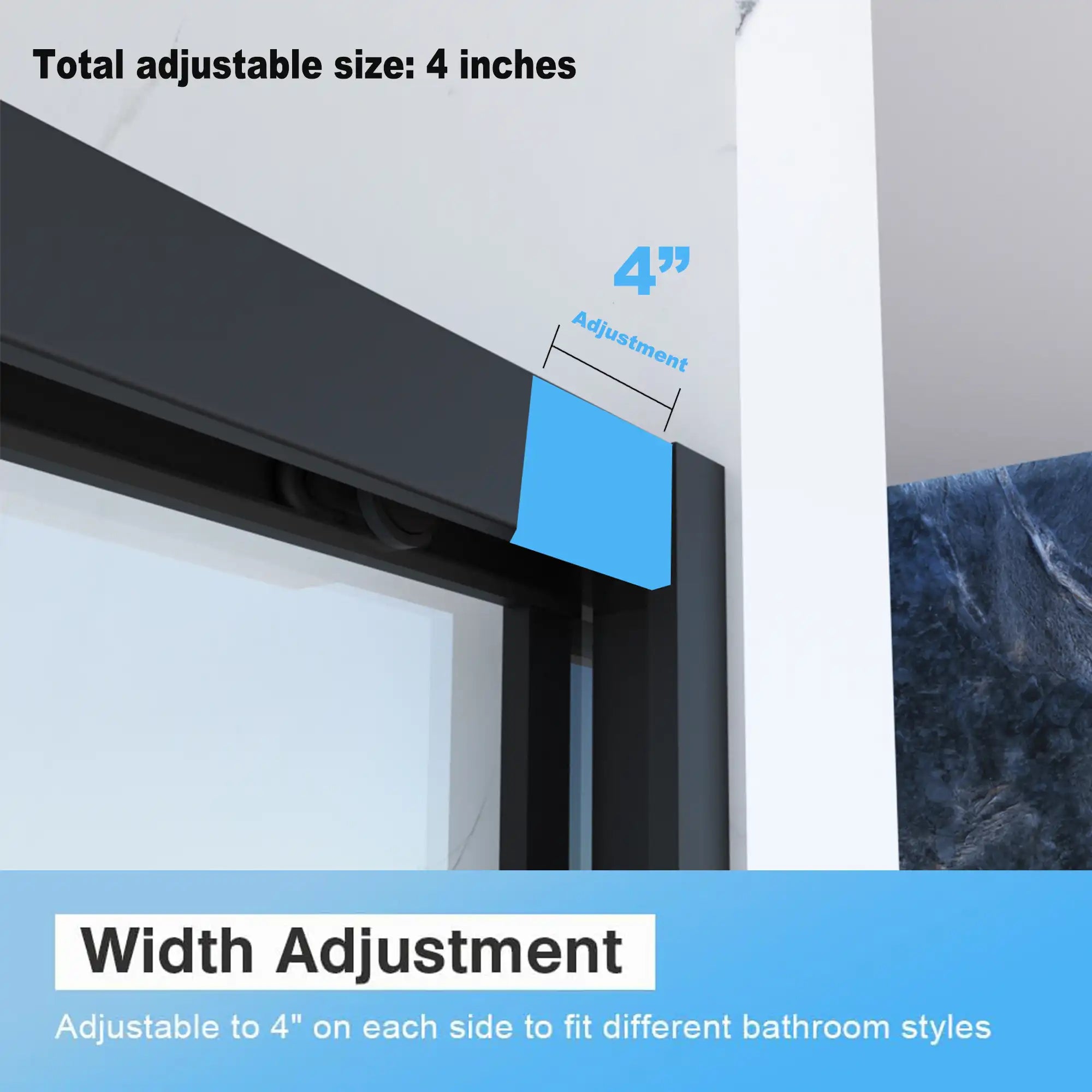 Montra-Plus Series matte black framed sliding shower door showing 4 inch adjustable width to fit different opening sizes.