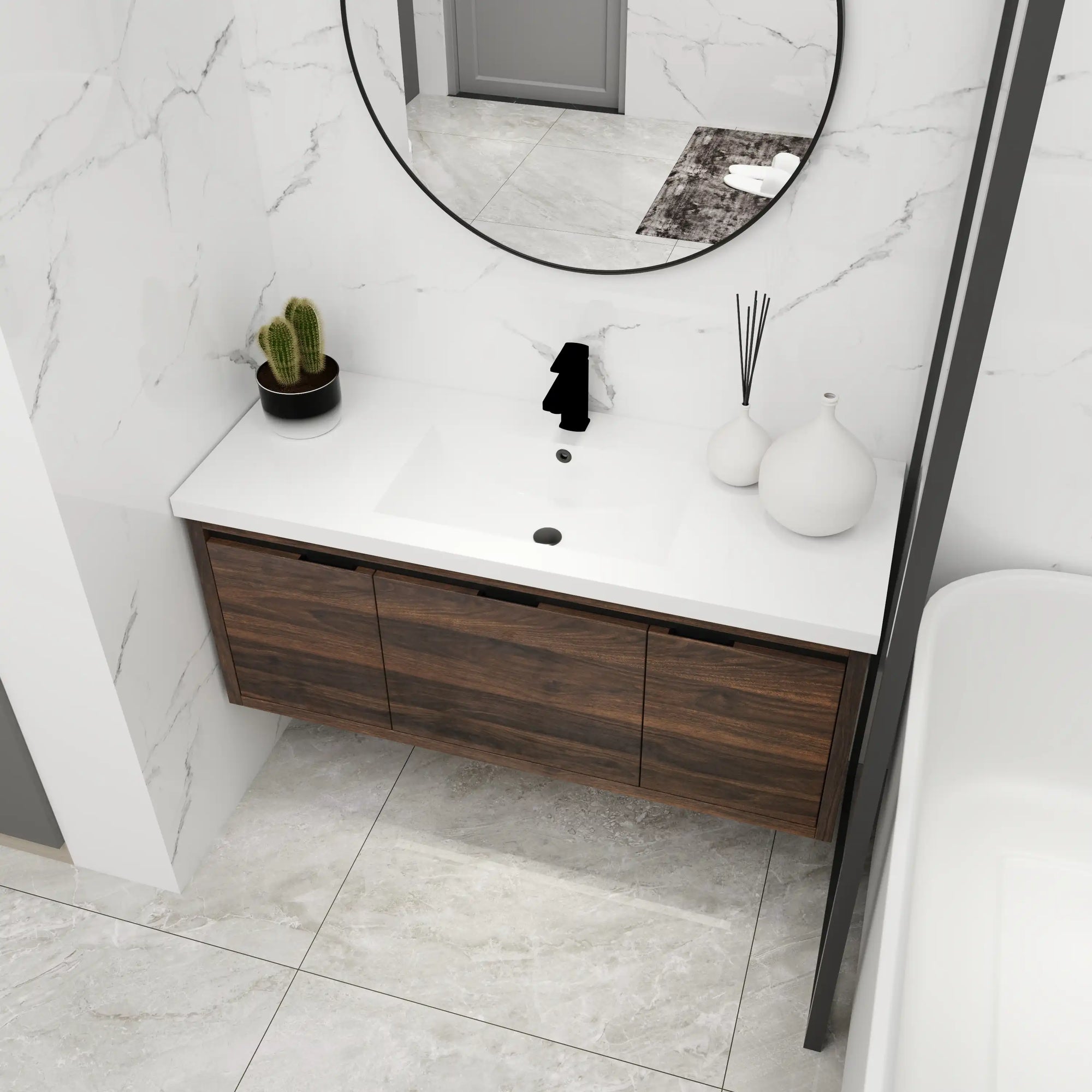 47" wall mounted bathroom vanity with sink in walnut finish styled in modern bathroom | Ace Decor