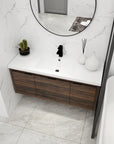 47" wall mounted bathroom vanity with sink in walnut finish styled in modern bathroom | Ace Decor