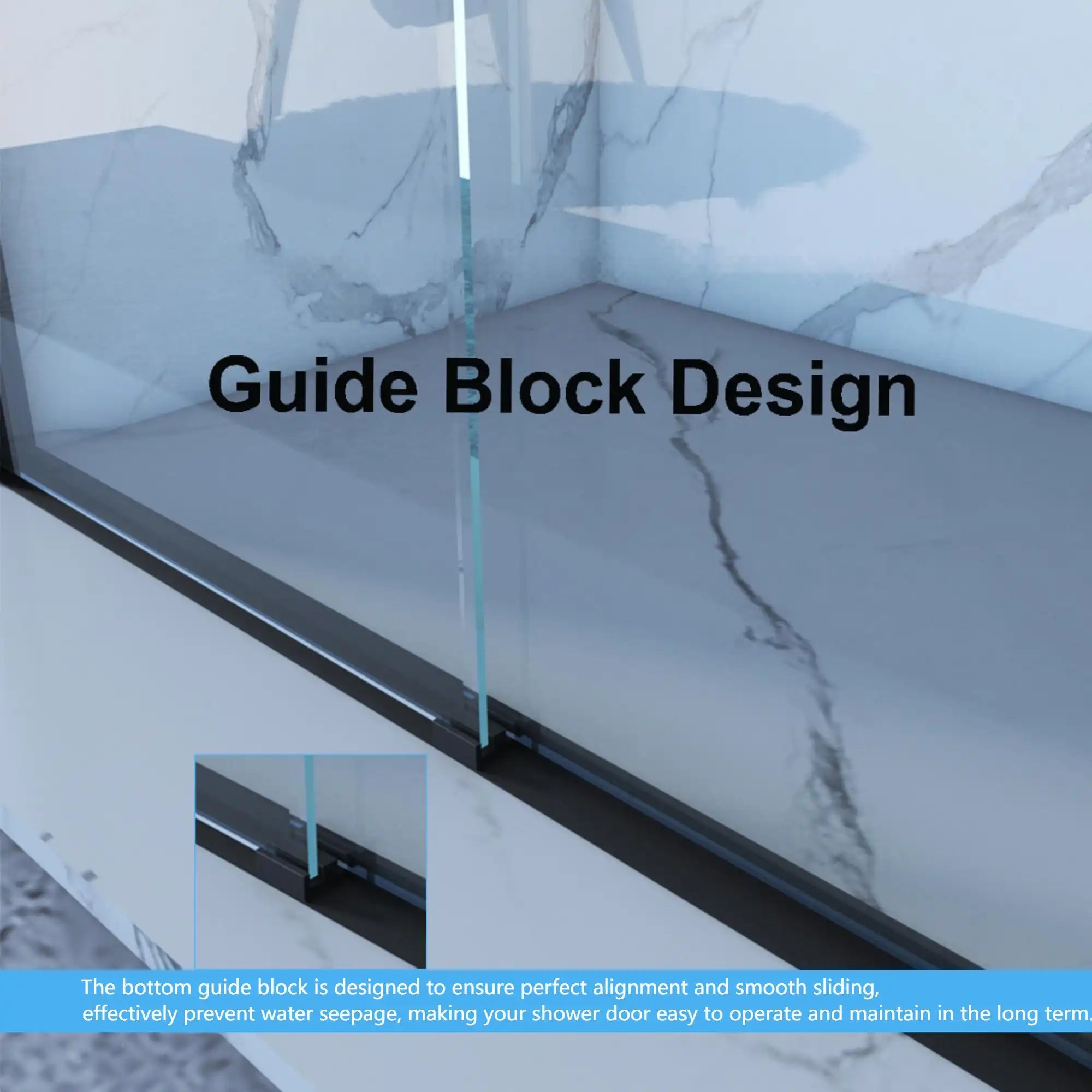 Montra-Plus Series matte black framed double sliding shower door with bottom guide block for smoother and more stable sliding.