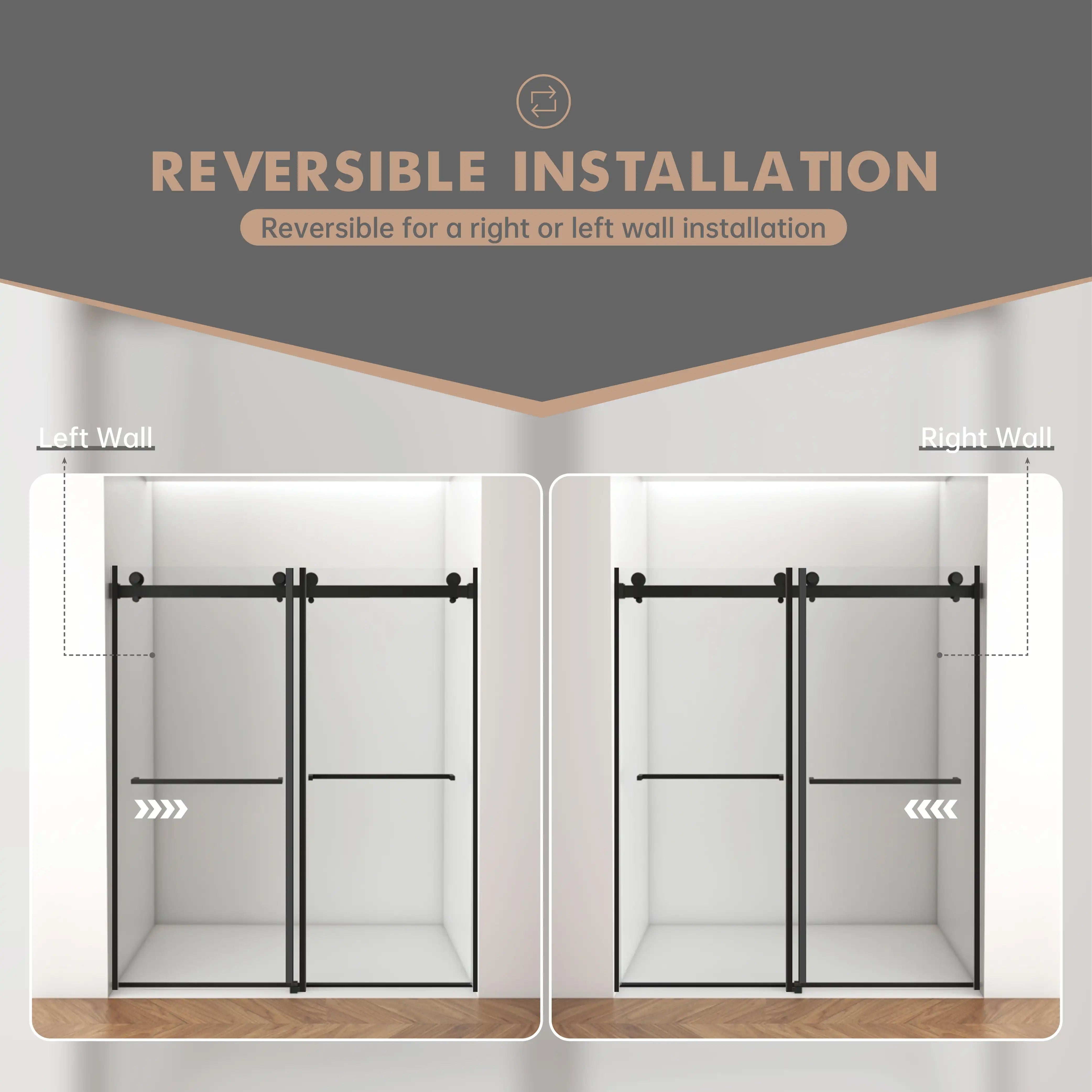 Reversible installation design of 60 x 76 shower frameless door in matte black, allowing left or right wall mounting | Ace Decor.