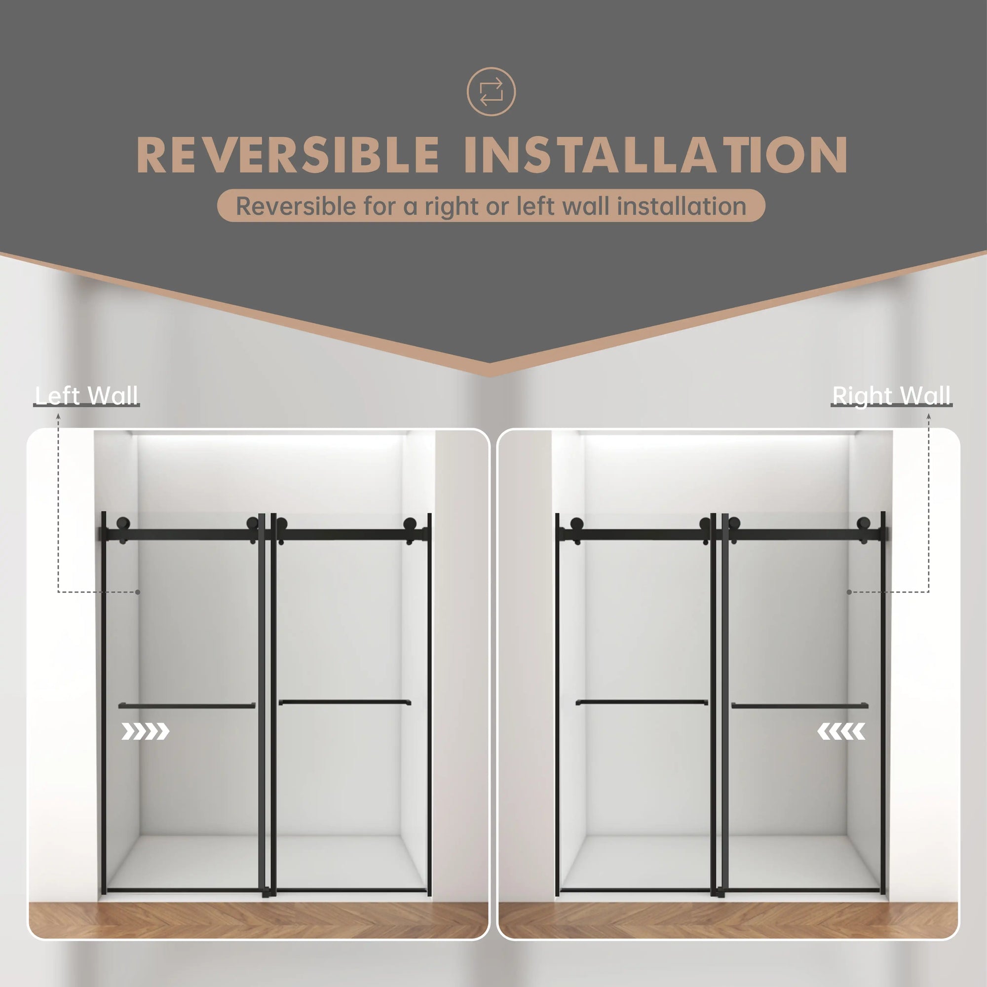 Reversible installation design of 60 x 76 shower frameless door in matte black, allowing left or right wall mounting | Ace Decor.