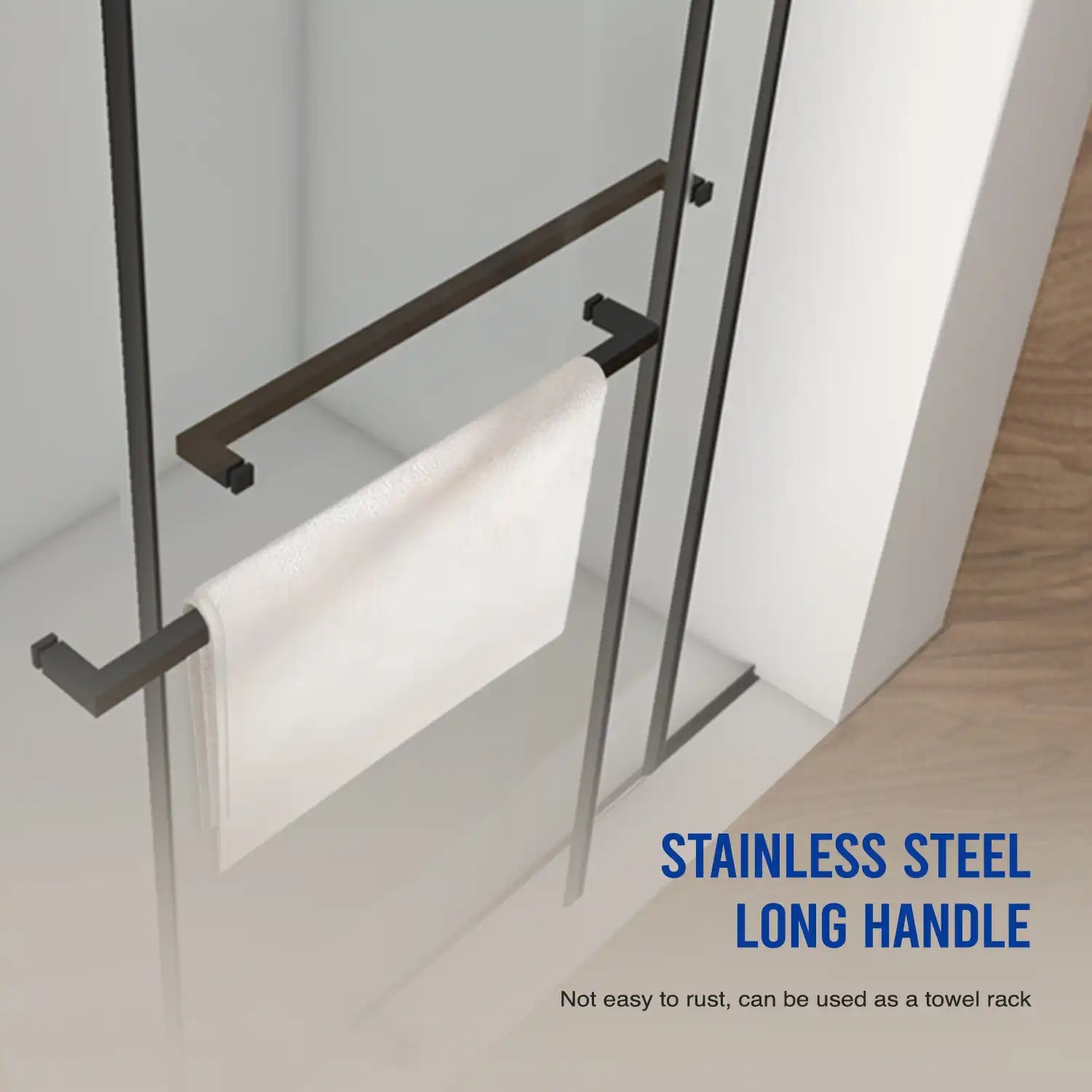 Stainless steel long handle on 60 x 76 shower frameless door in matte black, doubling as a towel rack for daily convenience | Ace Decor.