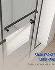 Stainless steel long handle on 60 x 76 shower frameless door in matte black, doubling as a towel rack for daily convenience | Ace Decor.