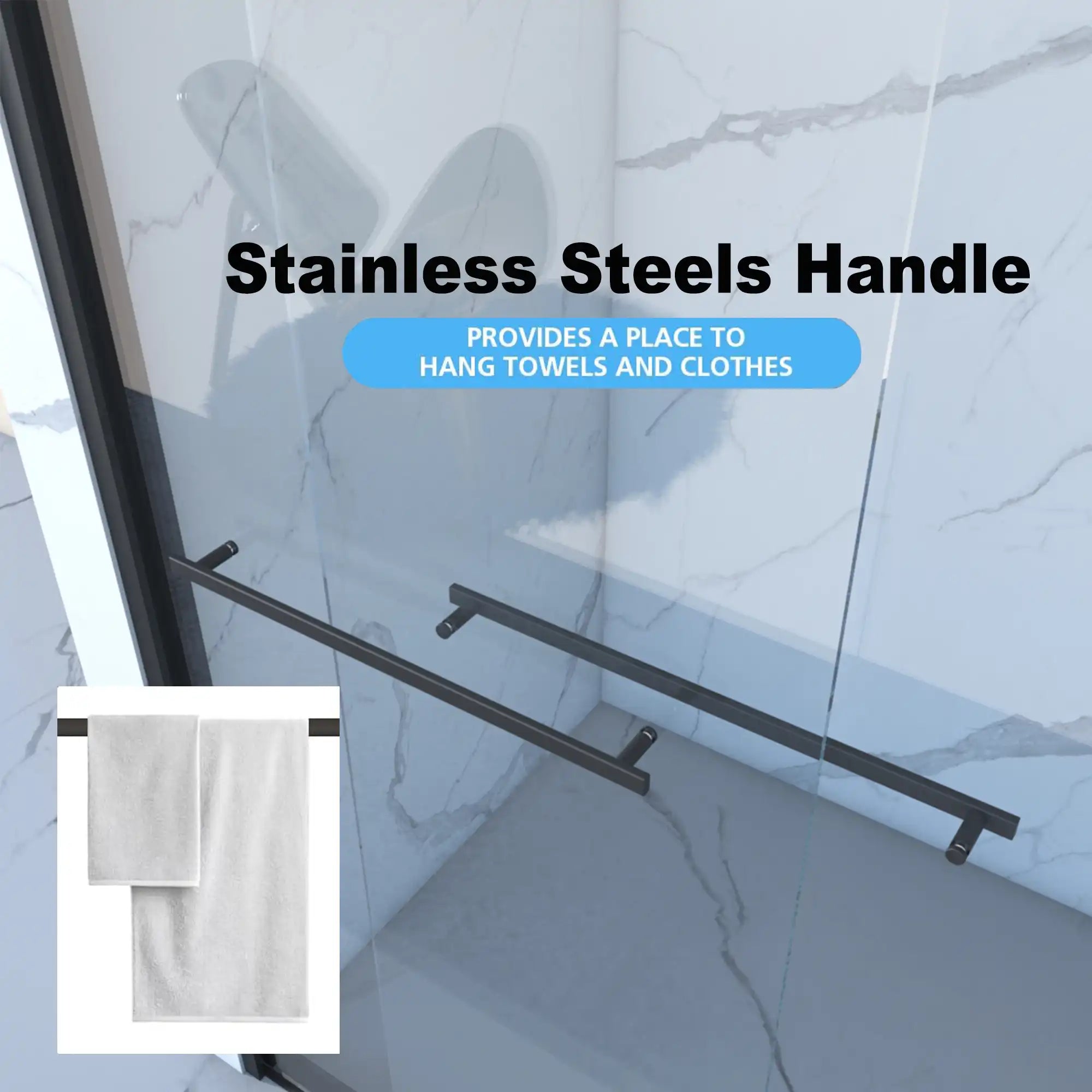 Montra-Plus Series  matte black framed shower door with stainless steel handle that also functions as a towel bar.