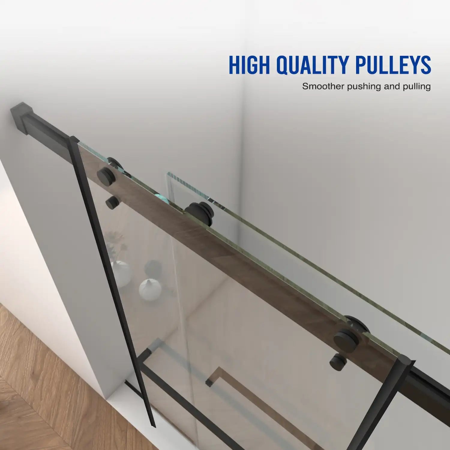 High quality pulleys on 60 x 76 shower frameless door in matte black, ensuring smooth and quiet sliding performance | Ace Decor.