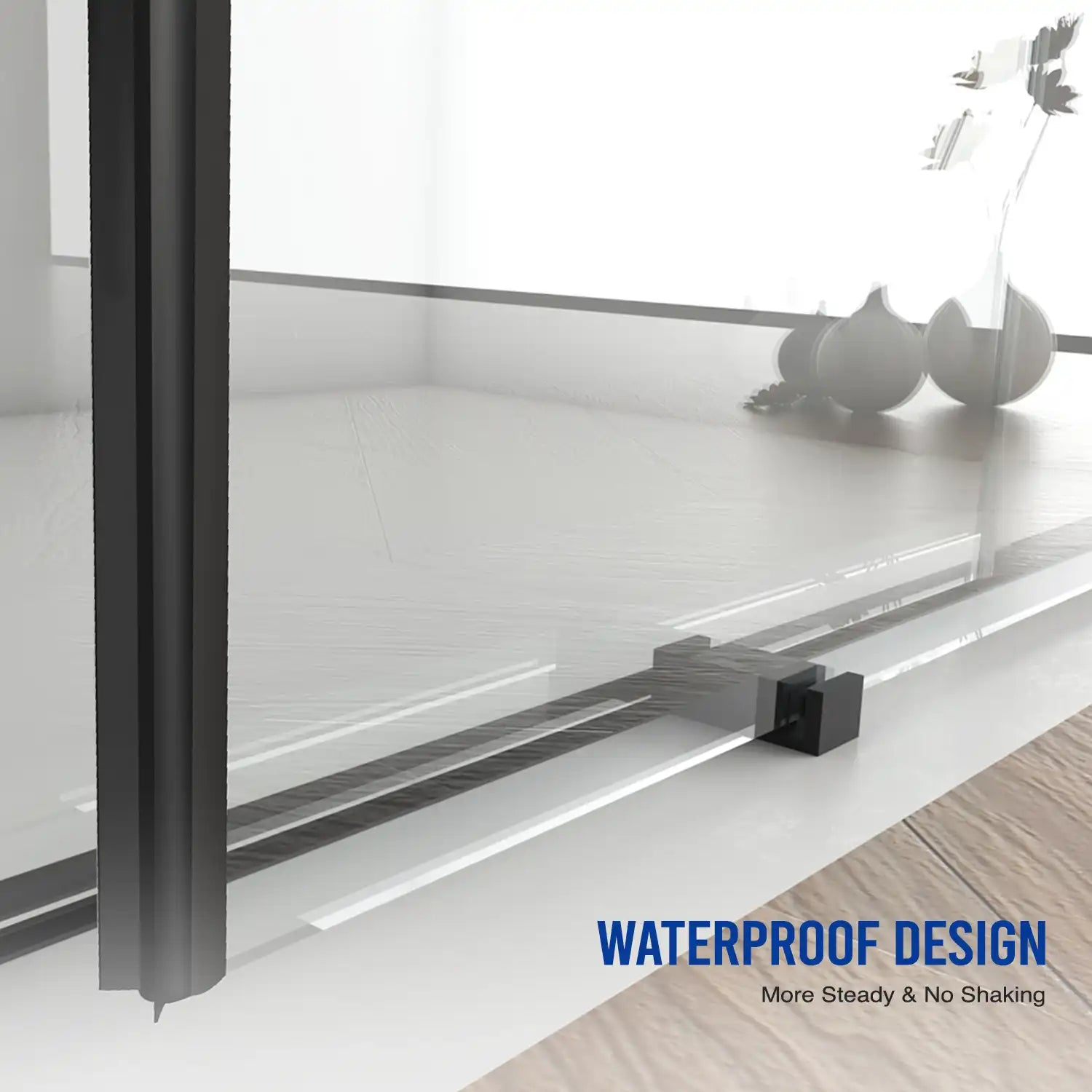 Waterproof bottom track design on 60 x 76 shower frameless door in matte black, ensuring stability and leak protection | Ace Decor.