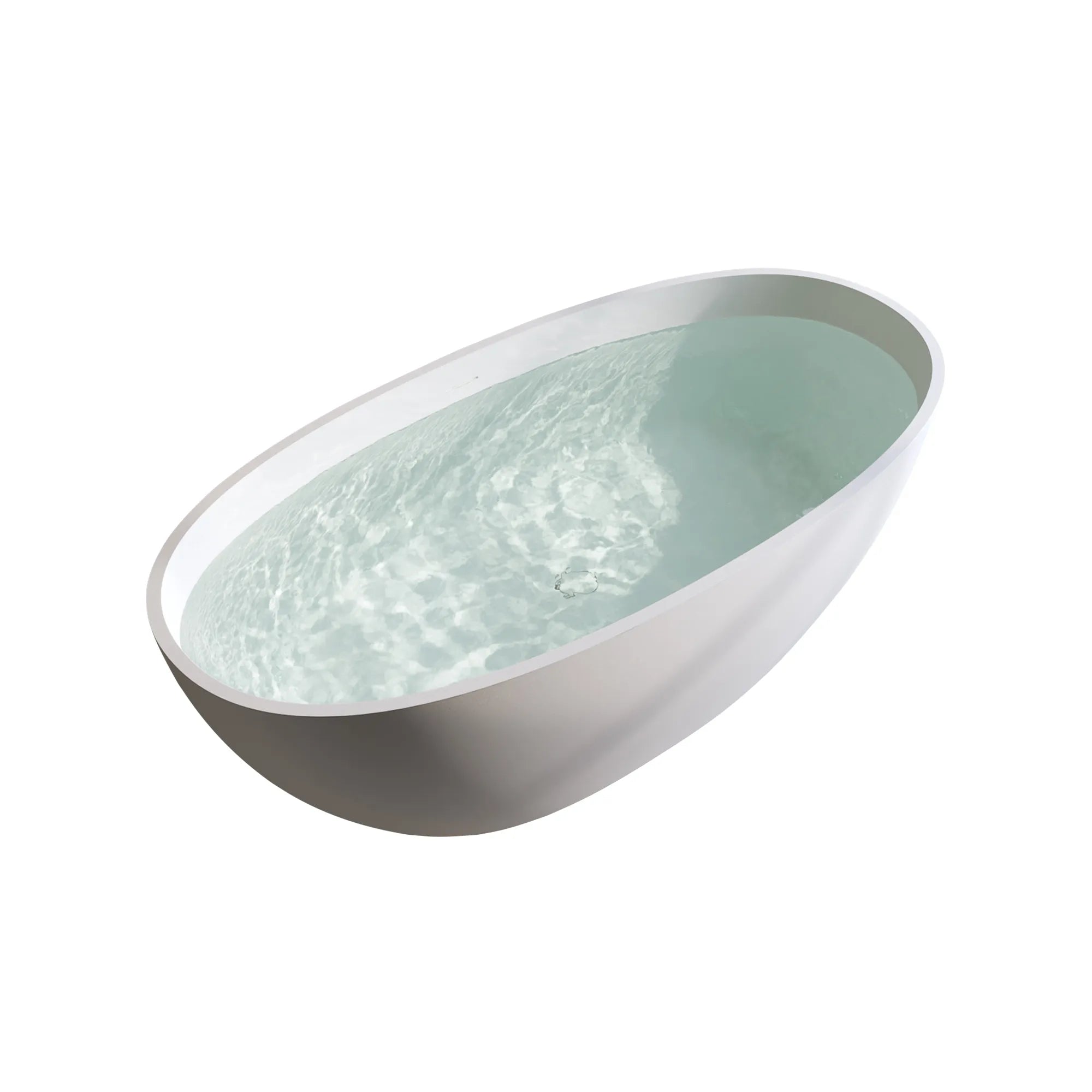 Angled top view of the Abyss Series 59-inch curved matte white stone resin freestanding soaking tub filled with water.