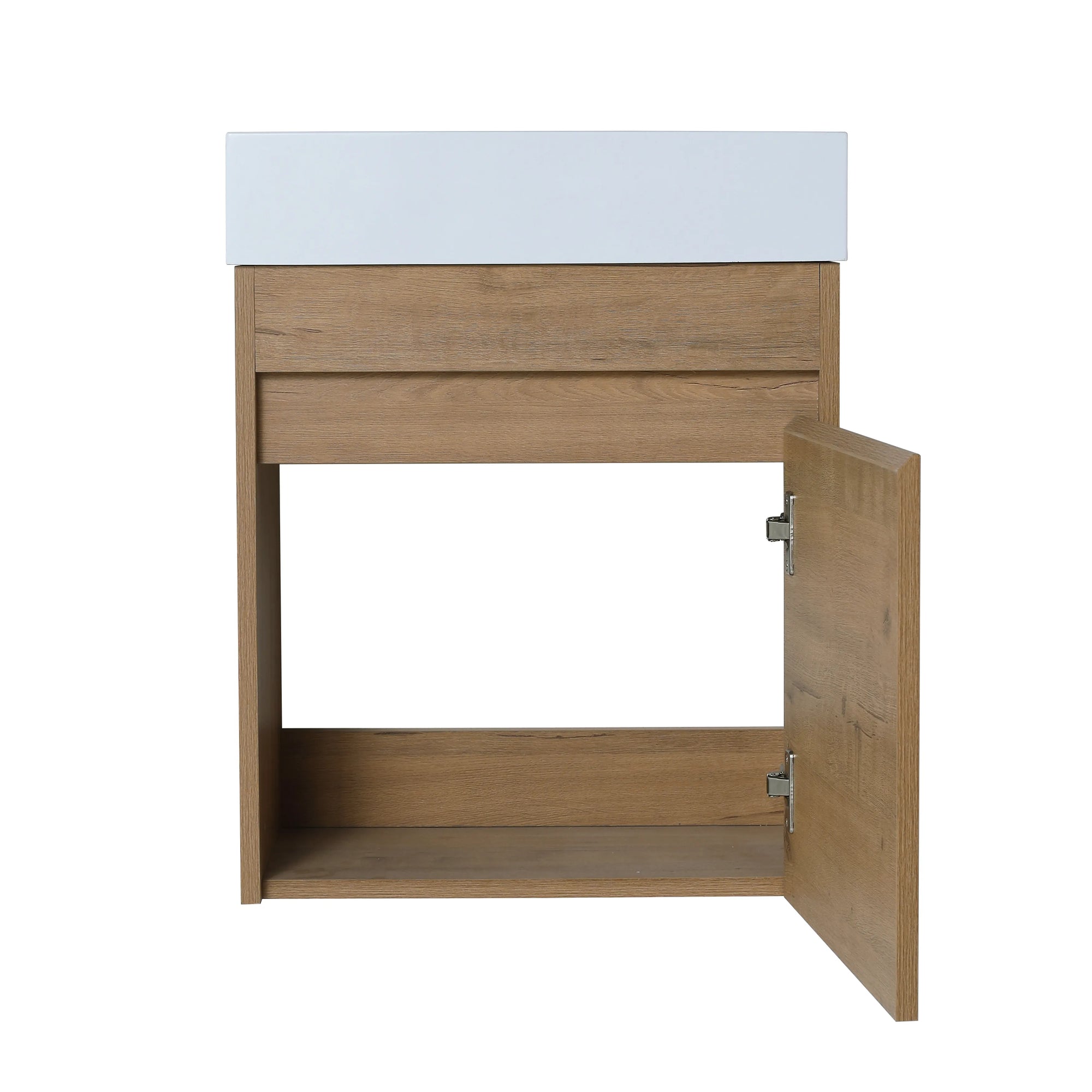 Aeris Series 18" wall-mounted bathroom vanity in Imitative Oak with cabinet door open, showing interior storage space.