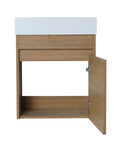 Aeris Series 18" wall-mounted bathroom vanity in Imitative Oak with cabinet door open, showing interior storage space.