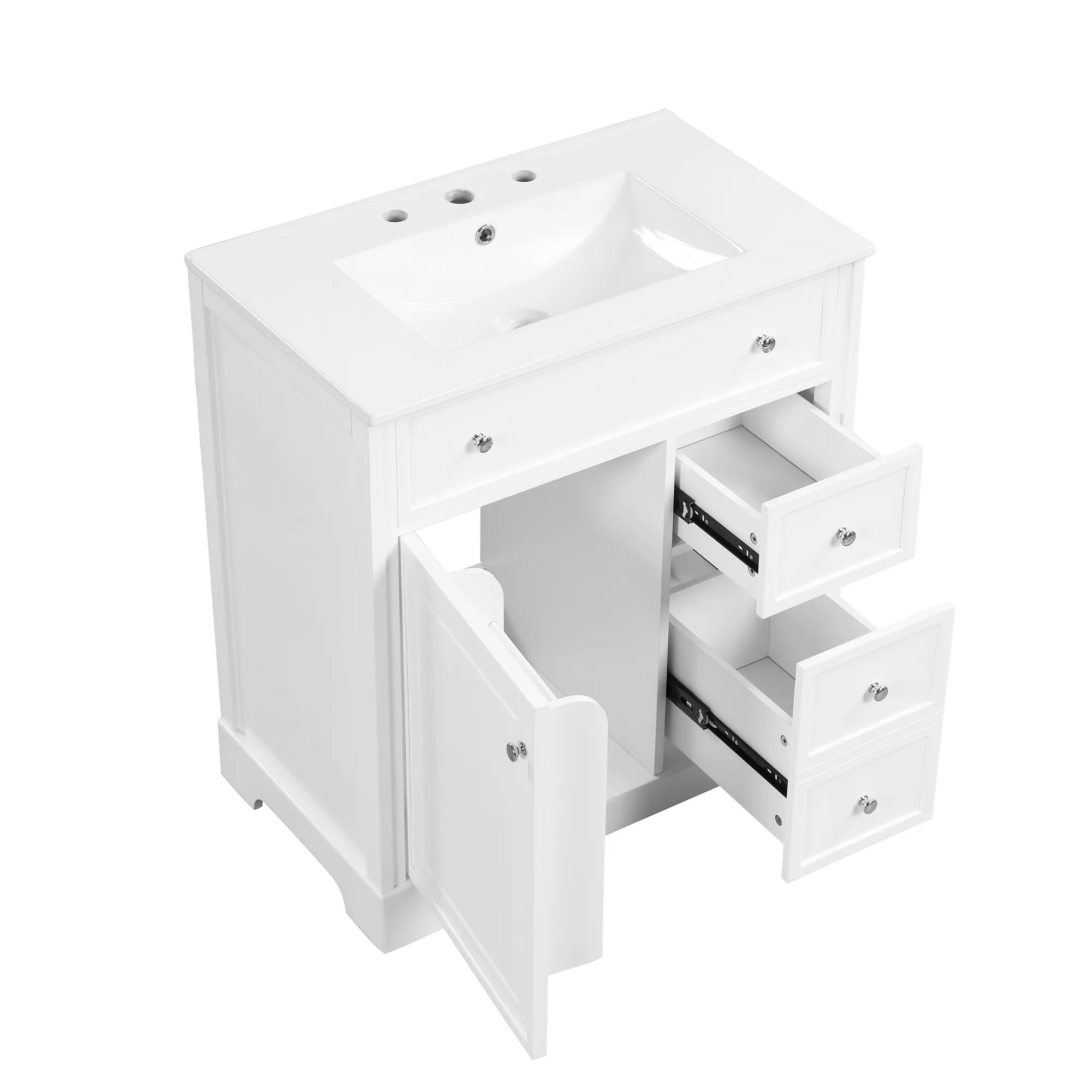 30 inch white bathroom vanity with cabinet door and two drawers open to display interior storage.