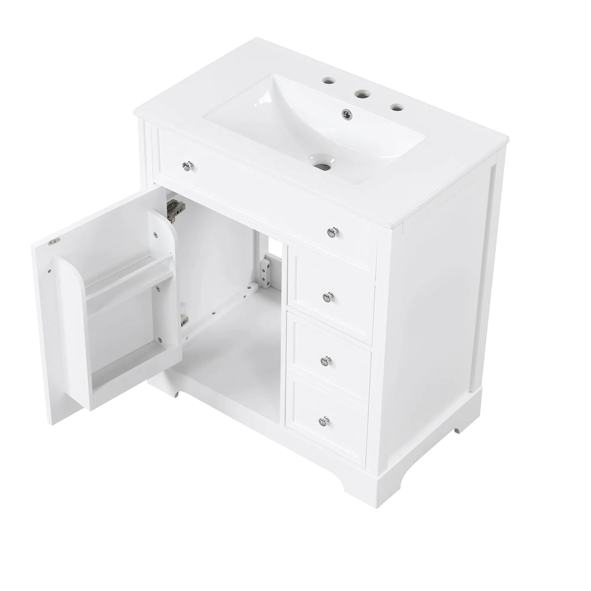30 inch white freestanding vanity with cabinet door open to show spacious interior storage.