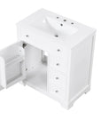 30 inch white freestanding vanity with cabinet door open to show spacious interior storage.