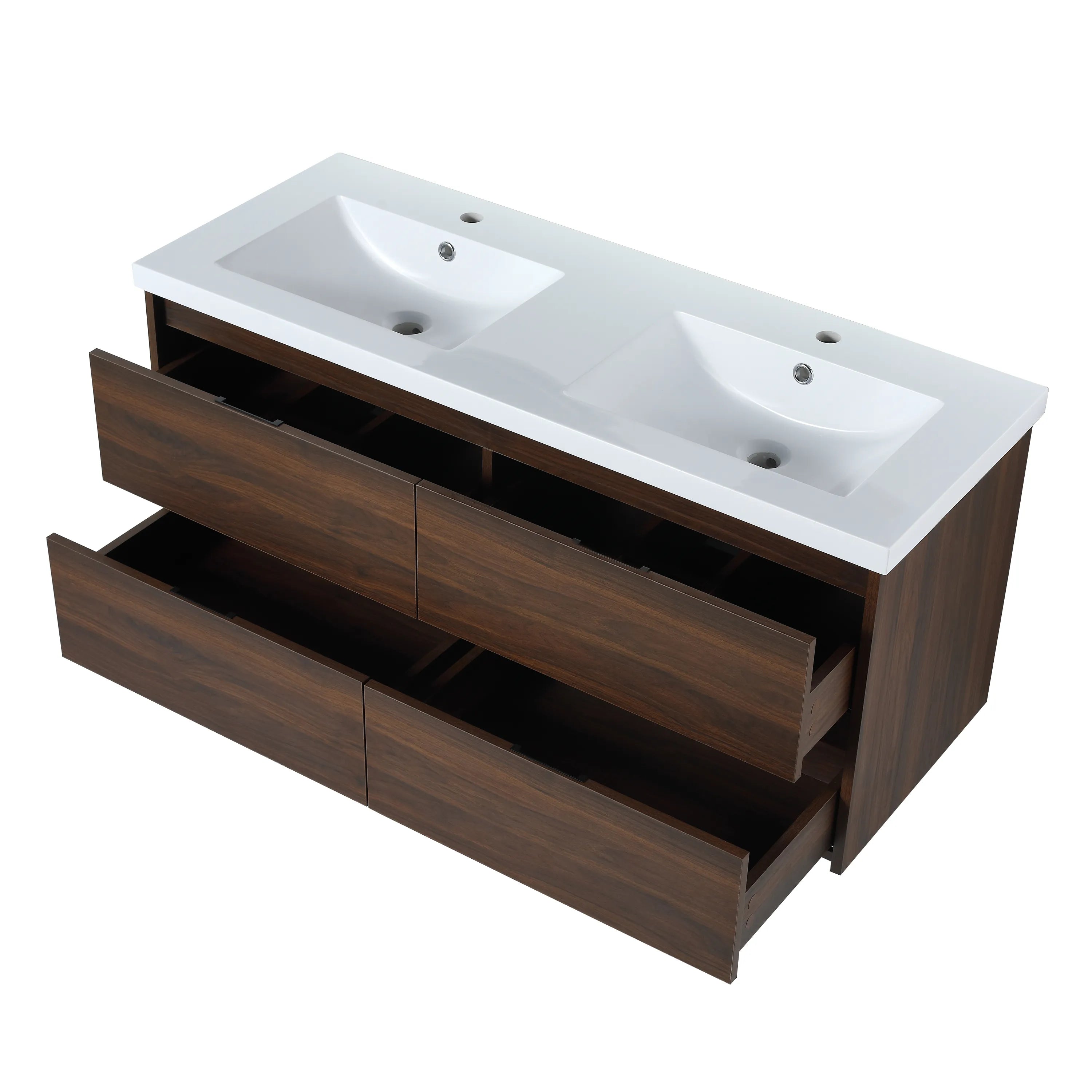 Four ample drawer design of the 48 inch walnut finish bathroom floating vanity with dual sinks.