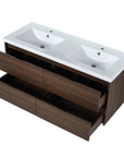 Four ample drawer design of the 48 inch walnut finish bathroom floating vanity with dual sinks.