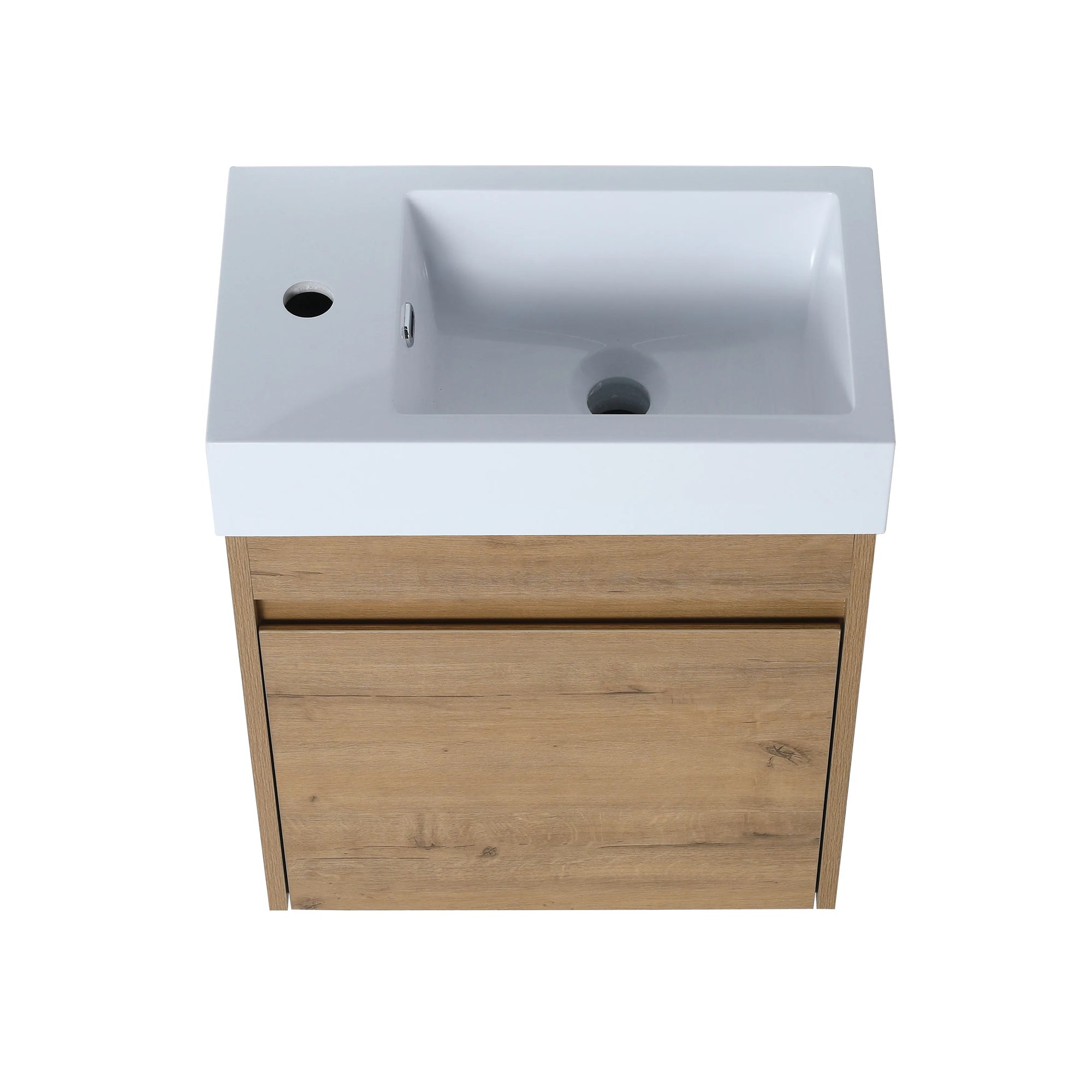 Aeris Series 18" wall-mounted bathroom vanity with integrated sink in Imitative Oak finish, top-down view.