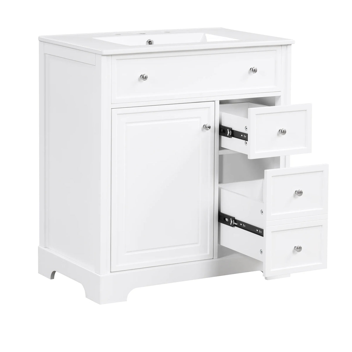 30 inch freestanding bathroom vanity with two functional drawers pulled open.