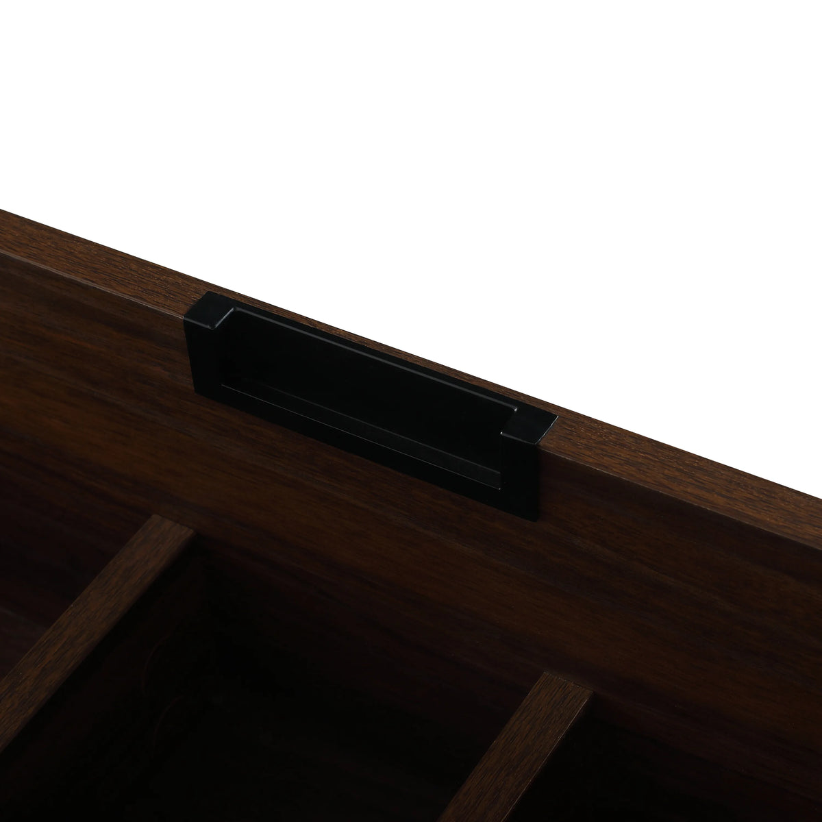 Hidden black metal handle design in the 48 inch bathroom vanity with double resin sink.