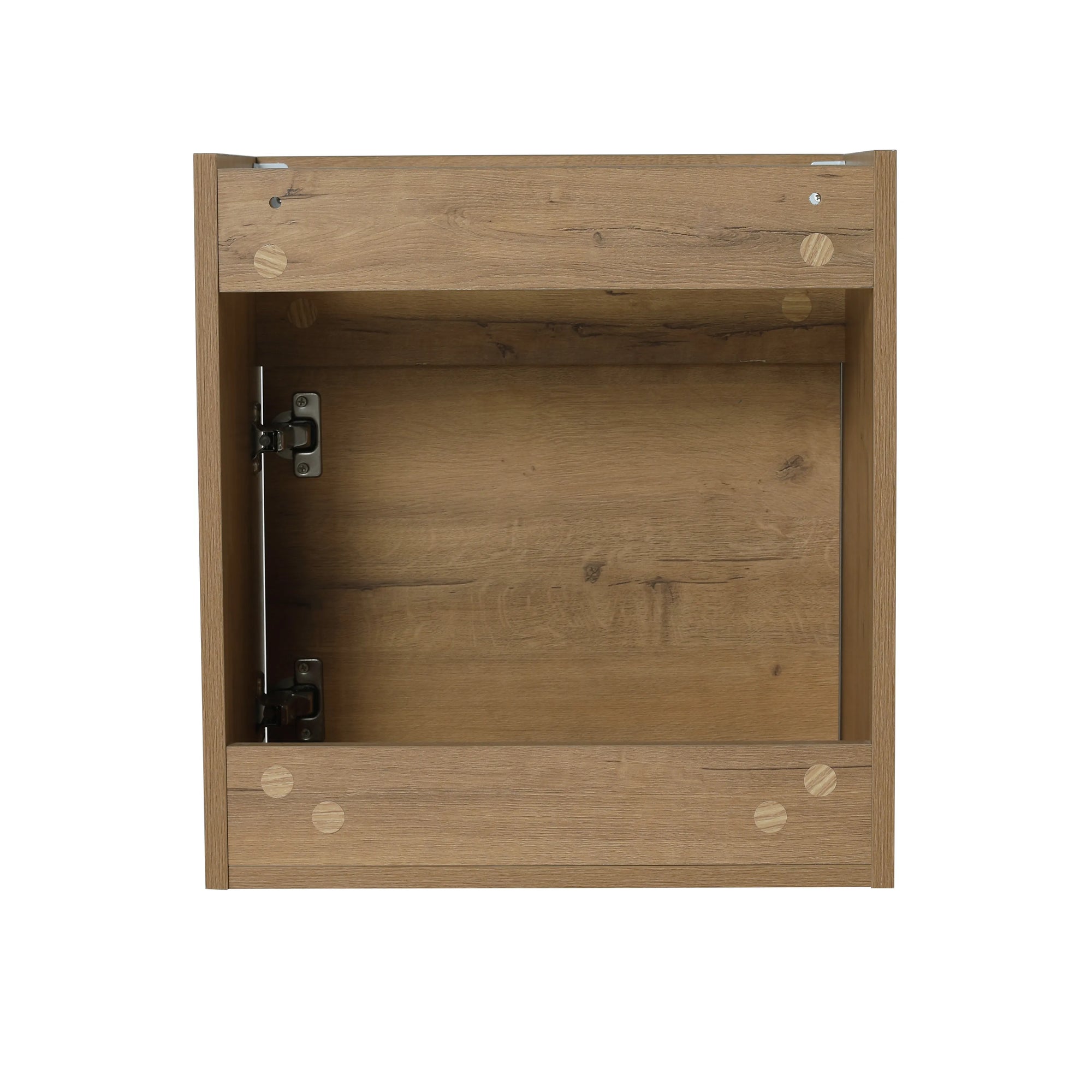 Aeris Series 18" wall-mounted bathroom vanity in Imitative Oak, rear view.