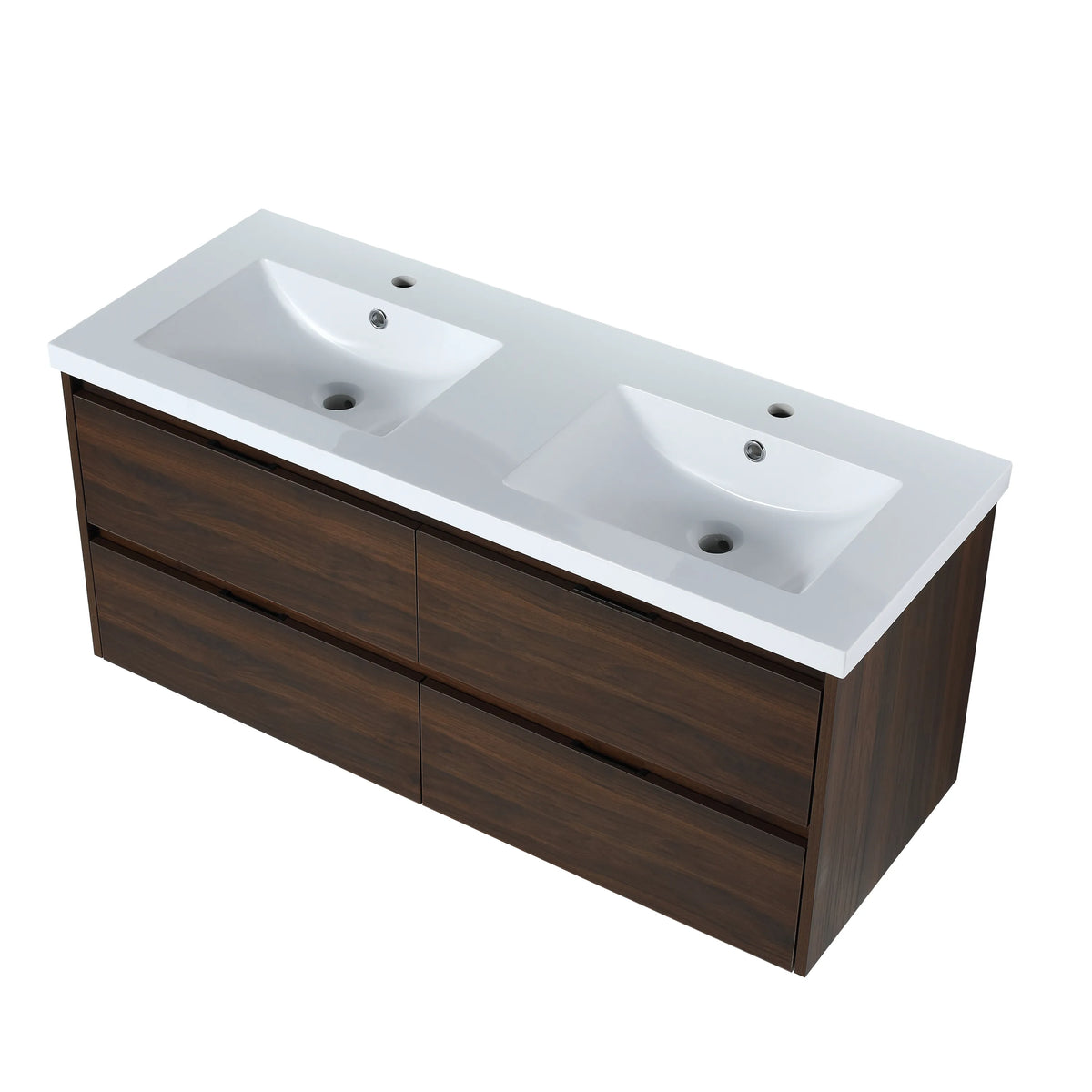 Angle view of the 48 inch wall-mounted dual sinks bathroom vanity in walnut finish.
