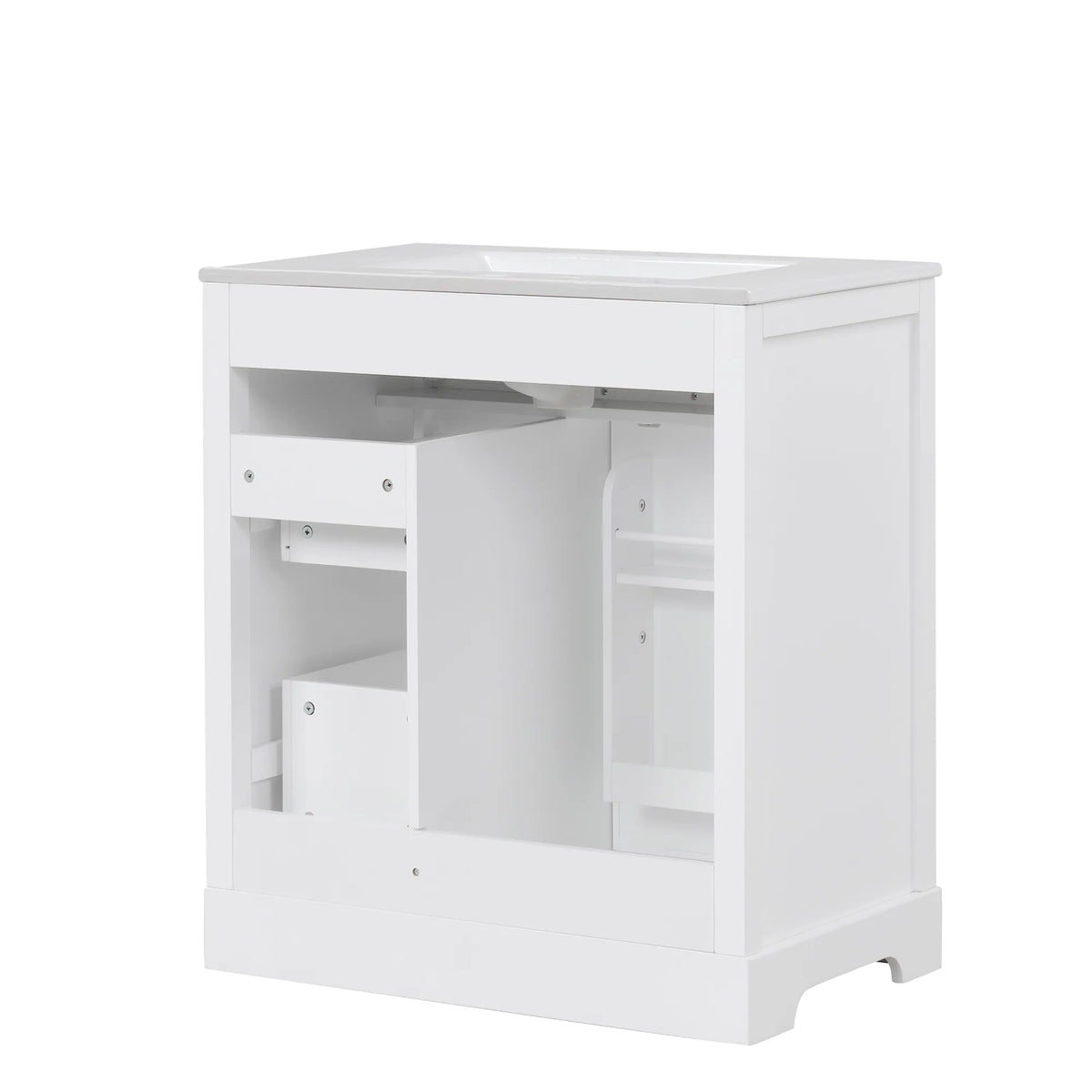 Rear view of 30 inch white freestanding vanity showing back panel and plumbing access opening.