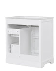 Rear view of 30 inch white freestanding vanity showing back panel and plumbing access opening.