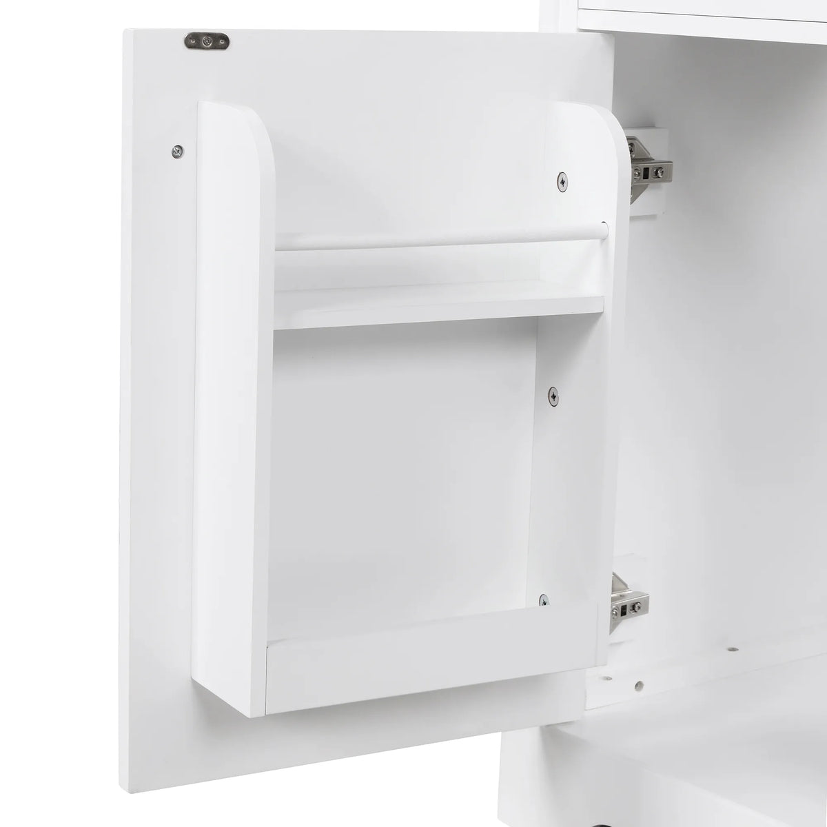 Close-up of built-in storage rack on the cabinet door of 30 inch white bathroom vanity.