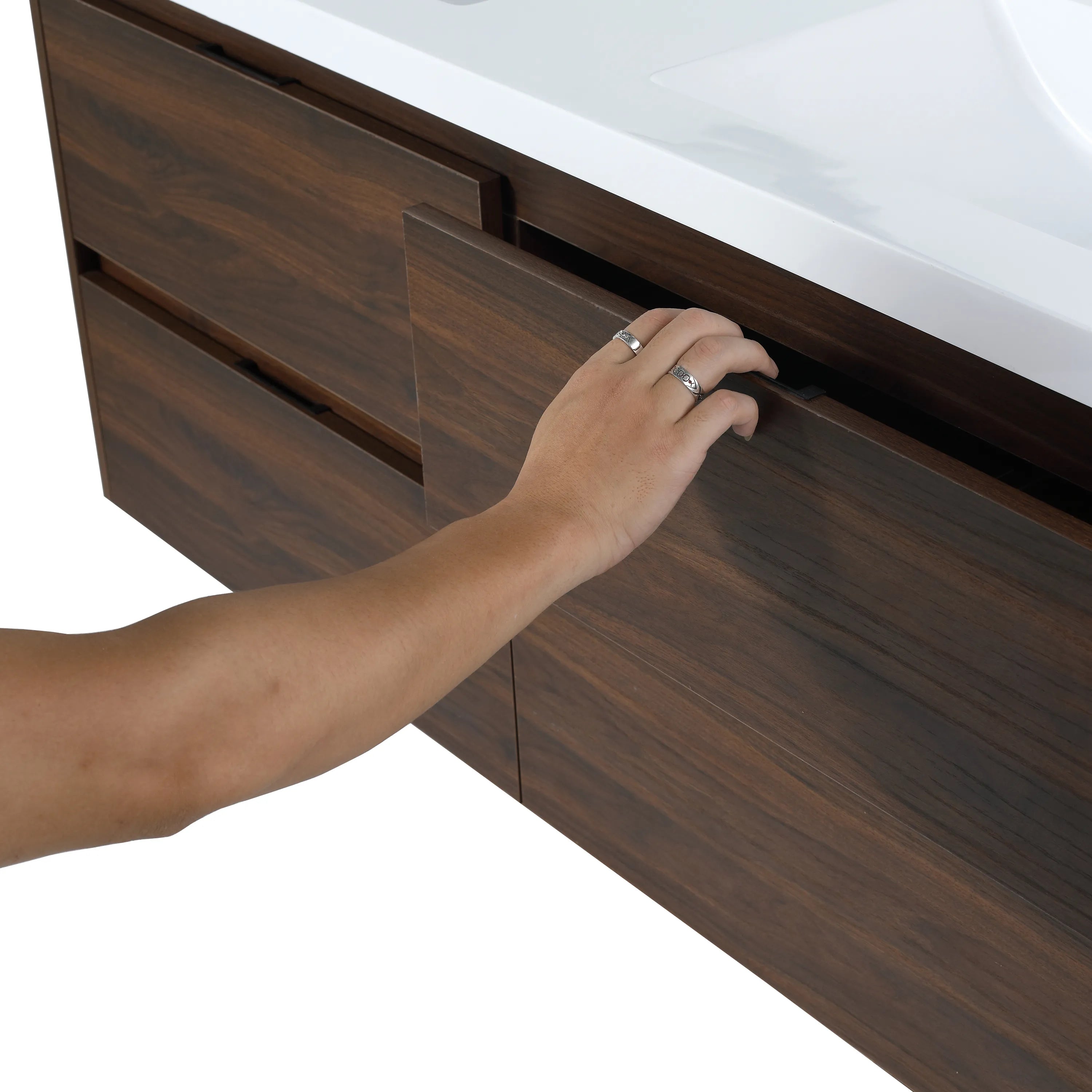 Hidden door handle design with durable plywood construction of the 48 inch bathroom floating vanity.