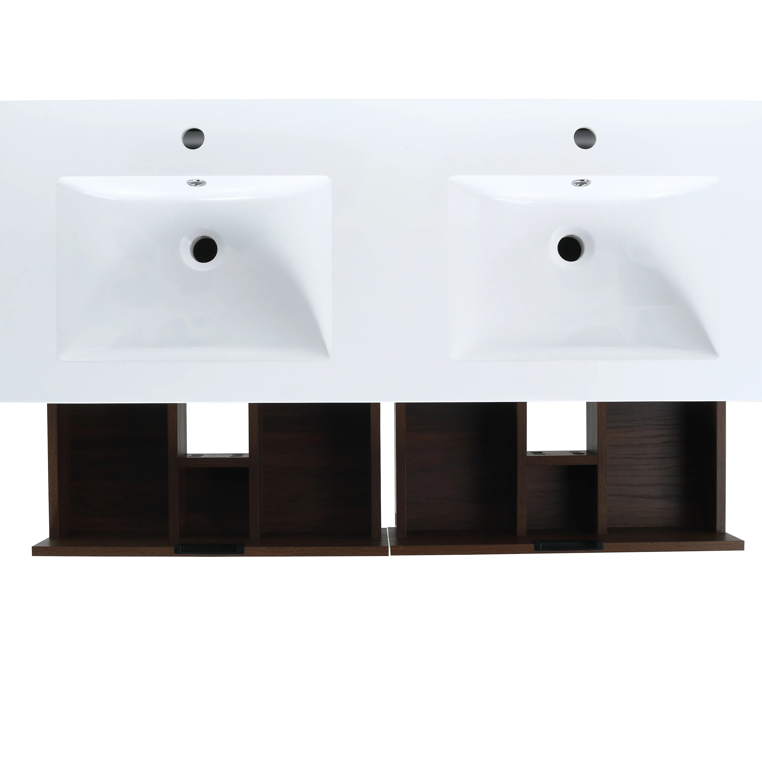 Dual resin sinks with pre-drilled faucet holes and overflow in the 48 inch wall-mounted bathroom vanity in walnut finihs.