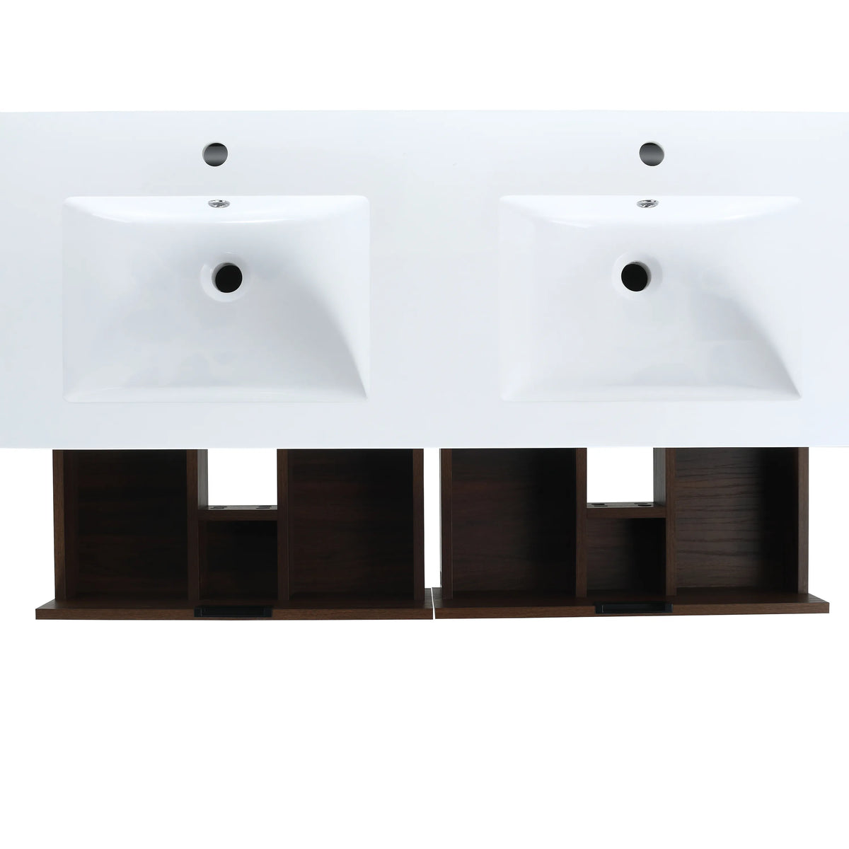 Dual resin sinks with pre-drilled faucet holes and overflow in the 48 inch wall-mounted bathroom vanity in walnut finihs.