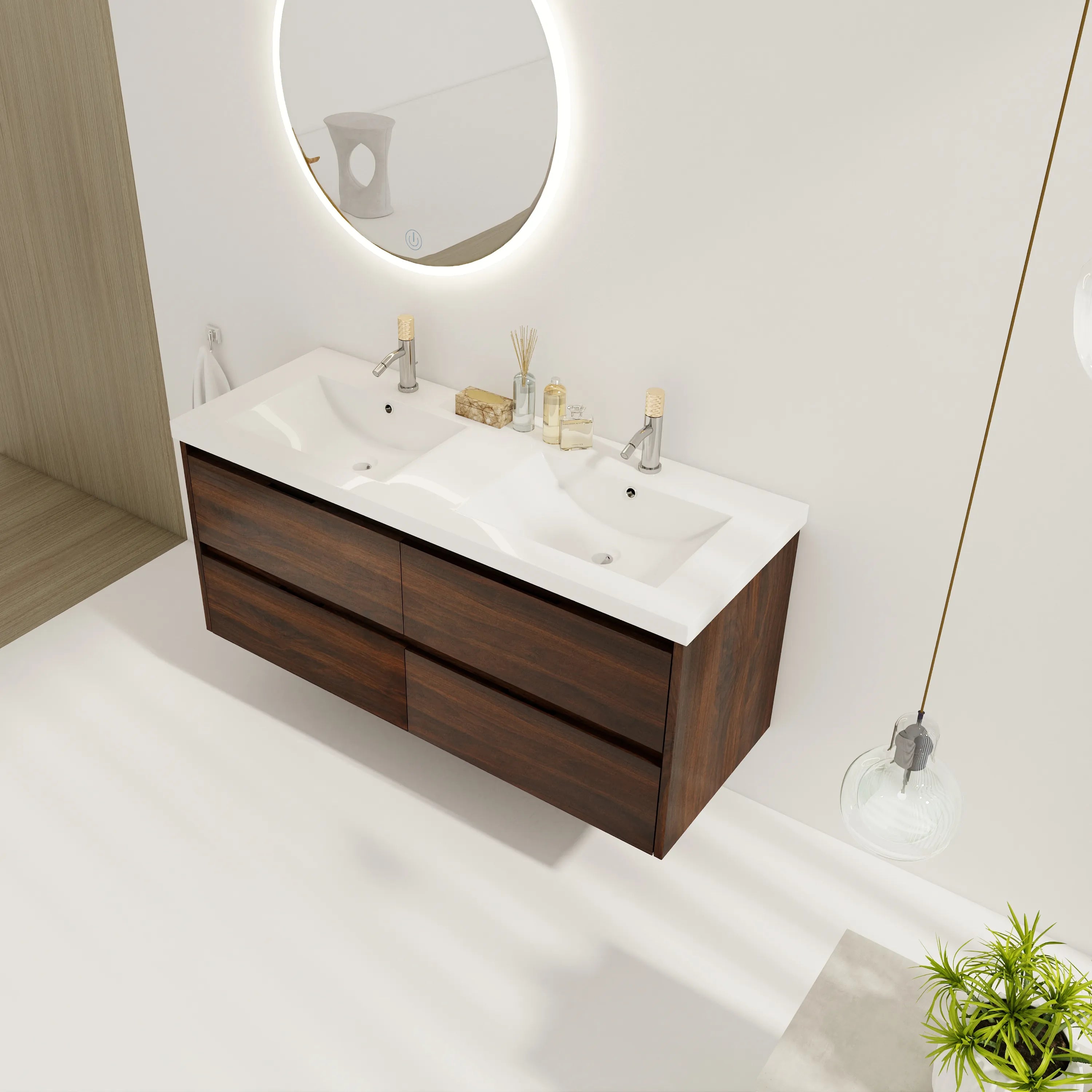 Angled view of the california walnut 48 inch bathroom vanity in a modern bathroom.