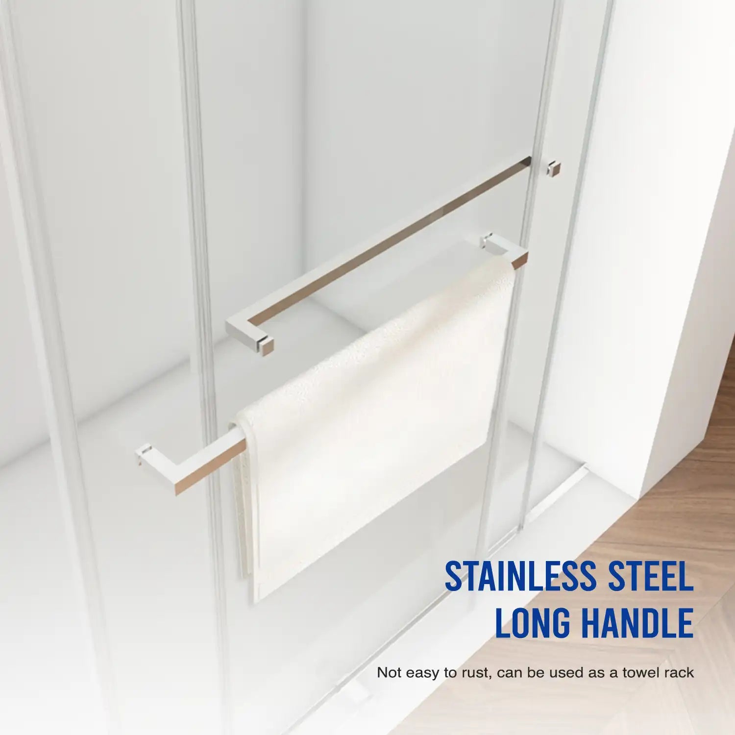Stainless steel long handle on 60 x 76 frameless shower doors near me, doubling as a towel rack for modern functionality | Ace Decor.