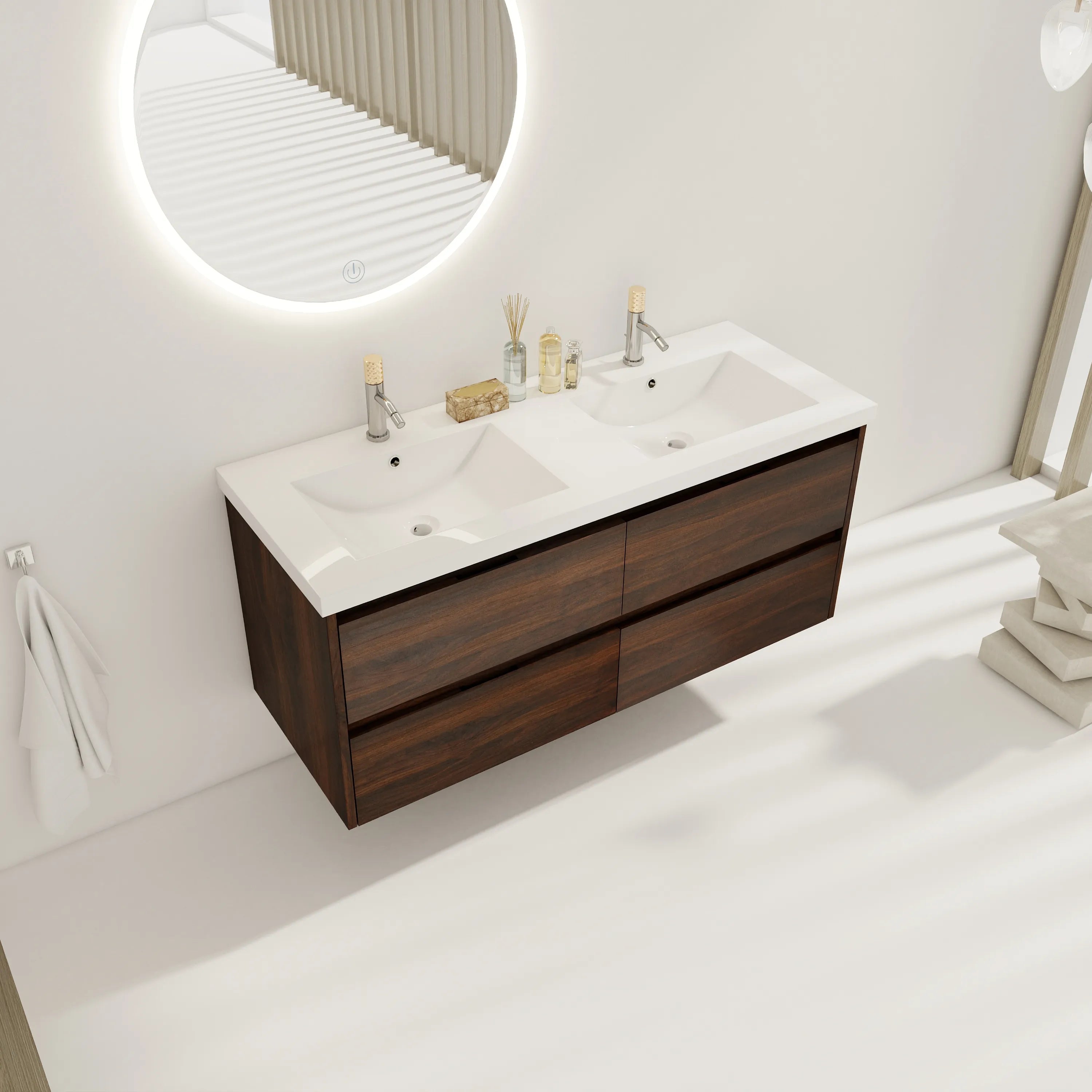 48 inch wall-mounted double sink vanity with dual sinks in a modern natural light bathroom.