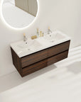 48 inch wall-mounted double sink vanity with dual sinks in a modern natural light bathroom.