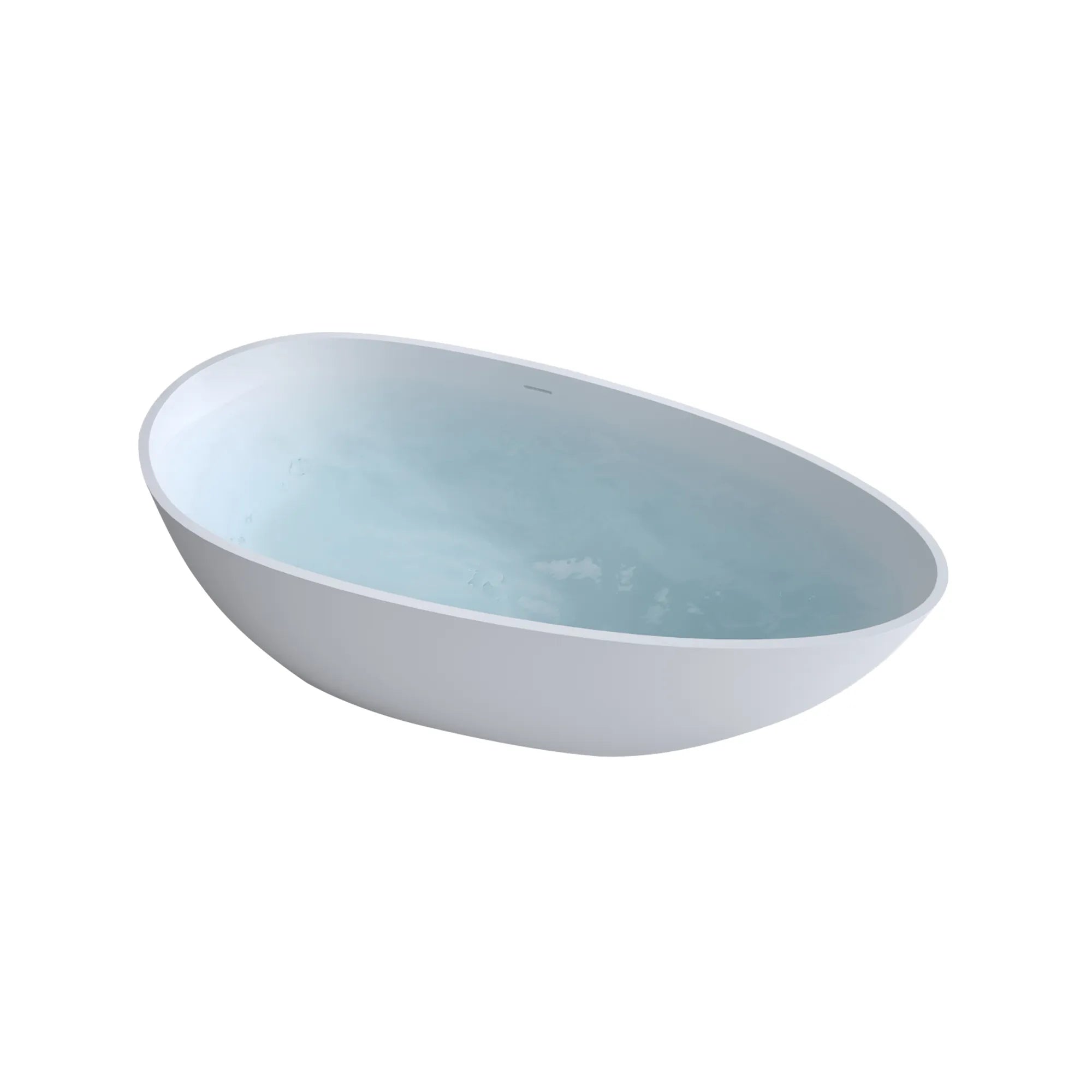 Abyss Series 59-inch egg-shaped resin tub on white background, filled with tranquil water.