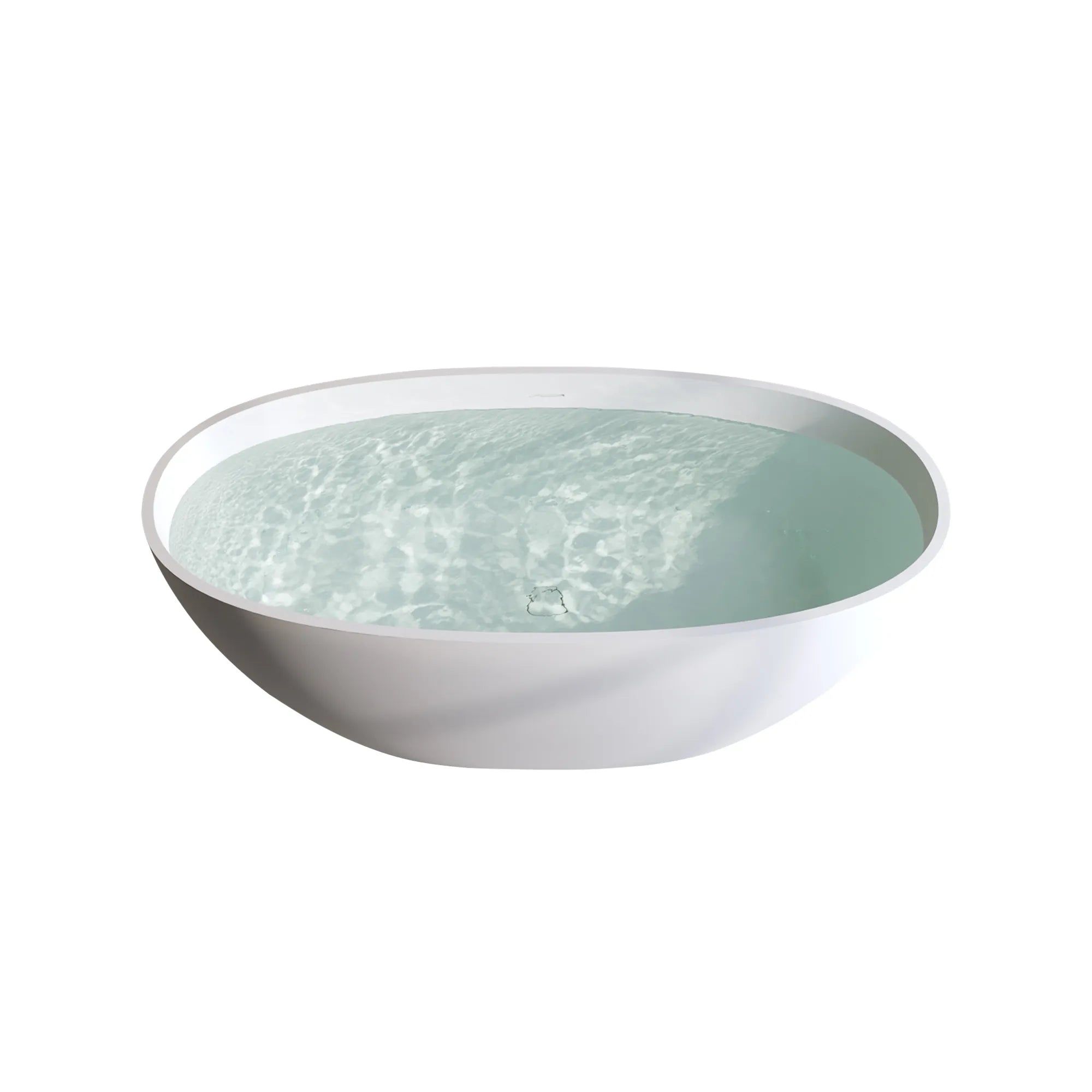 Front view of the Abyss Series 59-inch matte white solid surface resin freestanding soaking tub filled with water.