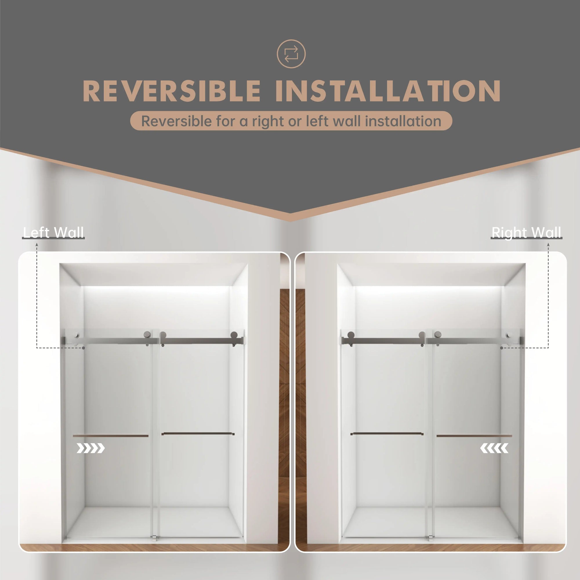 Reversible installation design of 60 x 76 frameless shower doors near me, allowing left or right wall mounting for flexible setup | Ace Decor.