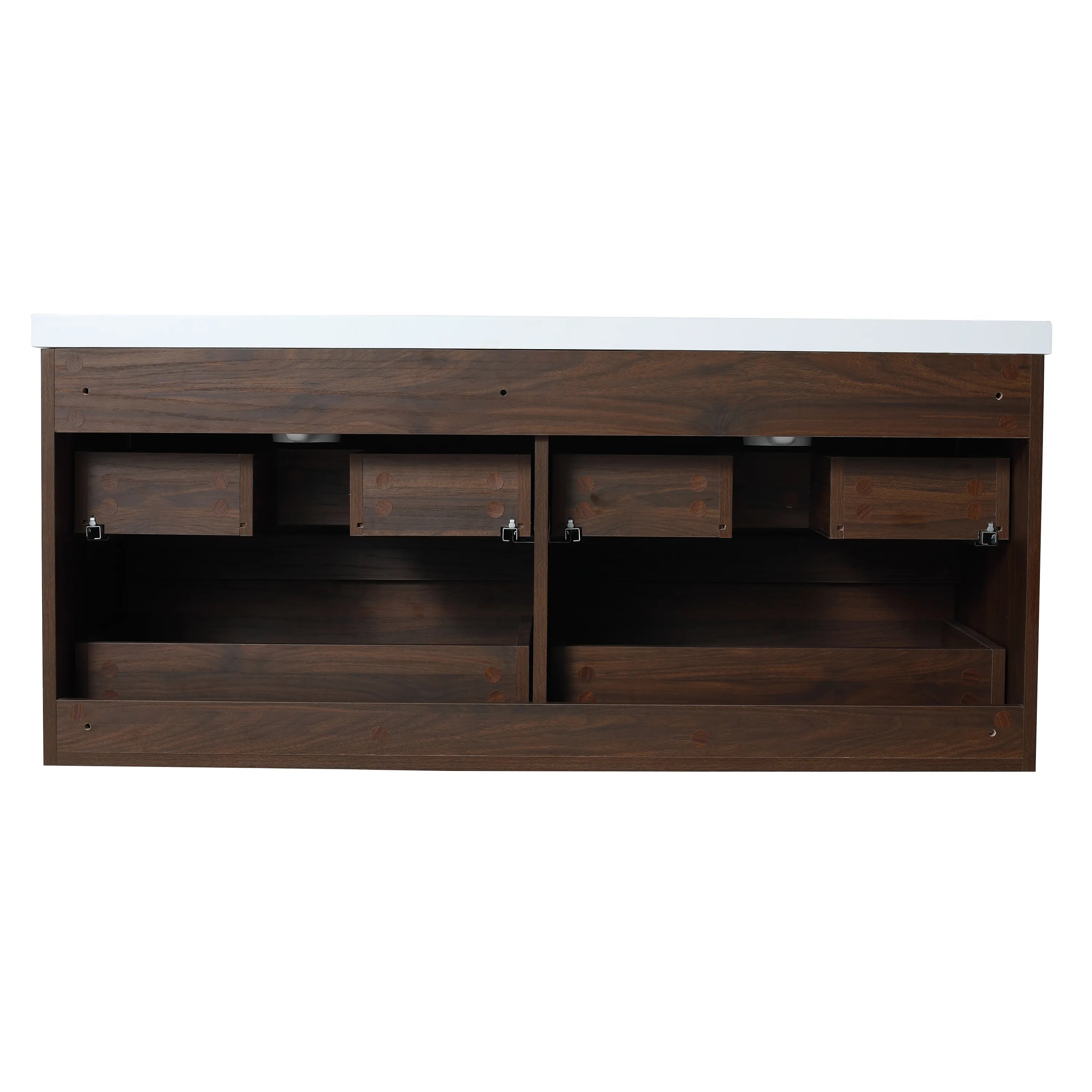 Rear view of the 48 inch wall-mounted bathroom vanity showing plumbing cutout.