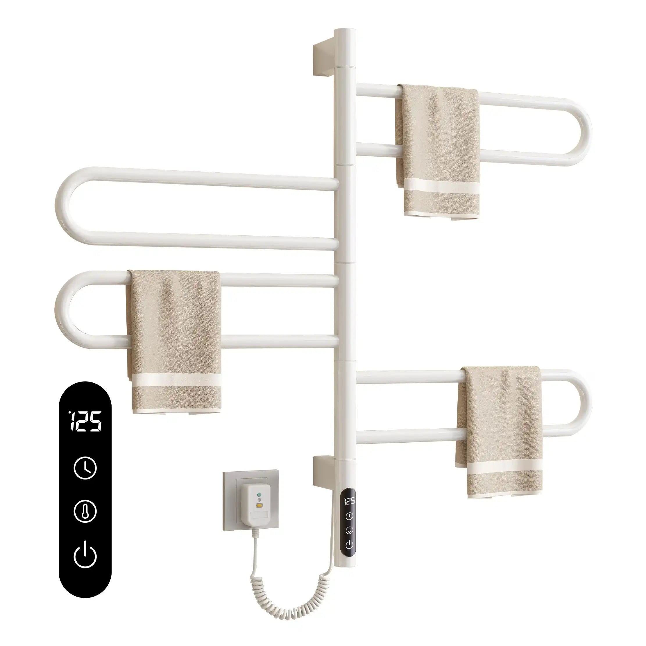 17 x 31 electric towel bar warmer with 4 curved swing arms and digital control panel in glossy white | Ace Decor