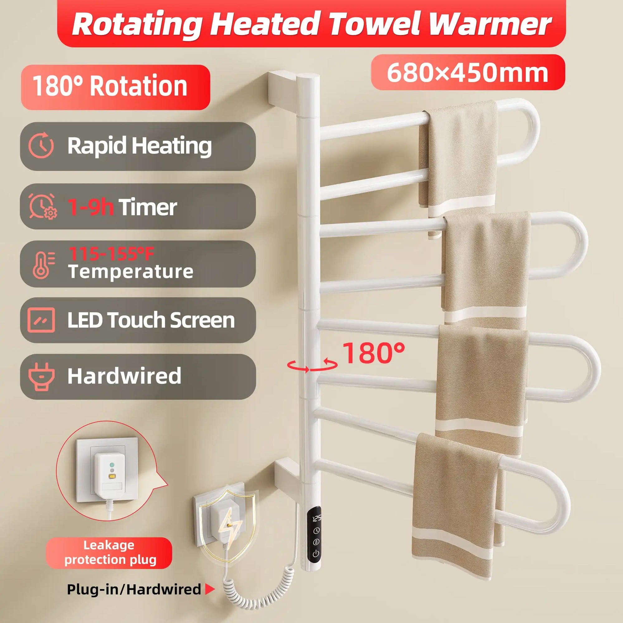 17 x 31 electric towel bar warmer featuring 180° rotation, rapid heating, timer, and LED screen | Ace Decor