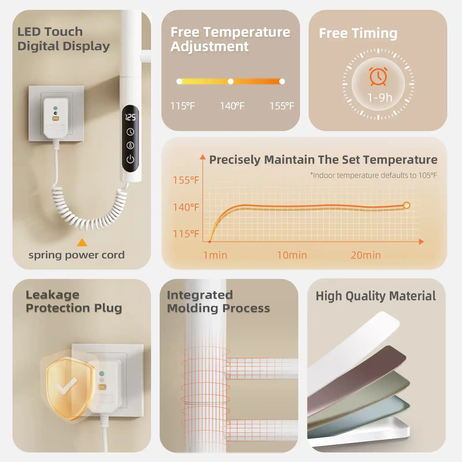 17 x 31 electric towel bar warmer with LED touch control, adjustable temperature 115–155°F, and safety plug | Ace Decor