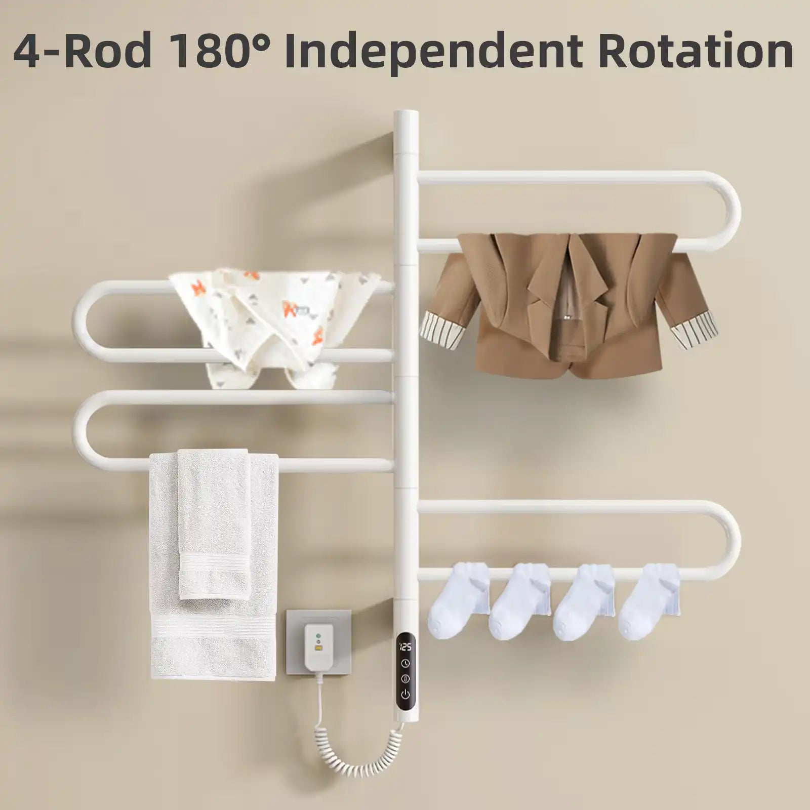 17 x 31 electric towel bar warmer with four independently rotating rods for hanging towels and clothes | Ace Decor
